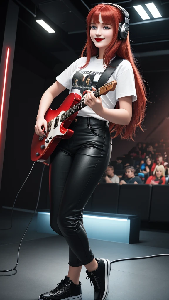 Photo of a  girl smiling ((cinema light)) Too much detail. amazing light complex details best quality detailed background (beautifully detailed face, beautifully detailed eyes), high definition, solo, black rubber pants, t-shirt, levitating, blue eyes, (electric guitar), headphones, holding, holding crush a, musical instrument, long hair, one side up, red hair, playing guitar, dynamic angle, full body, red lips