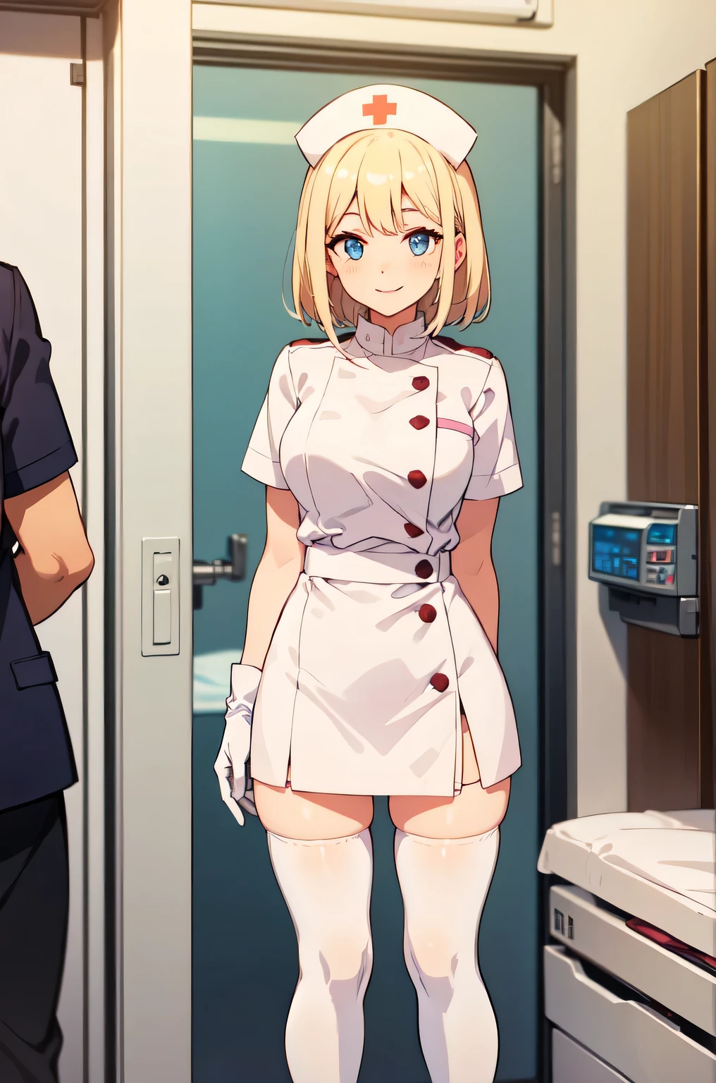 1woman, solo, nurse, white nurse cap, white nurse uniform, ((white legwear, zettai ryouiki)), white gloves, blonde hair, blue eyes, pink lips, smile, standing, ((hospital room)), sharp outline, short sleeves, mature female, 35 years old, best quality, masterpiece