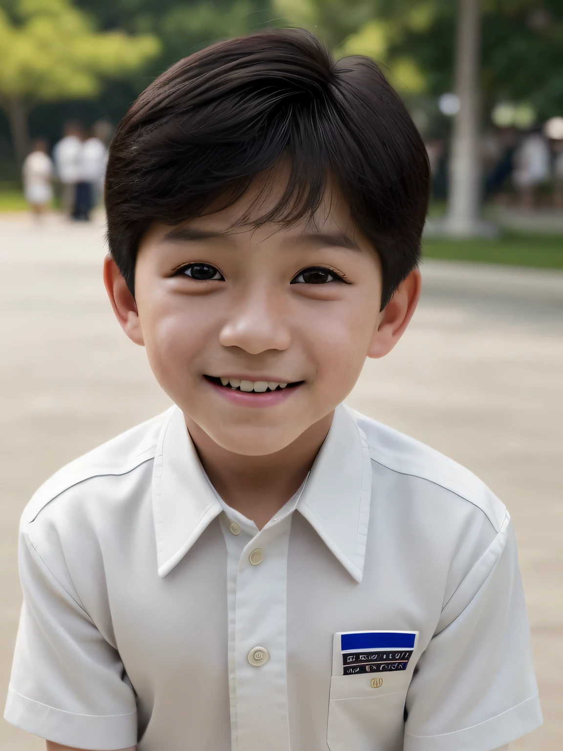 (REALISTIC) () (cute) (cute face) ,10 years Ooung boy, handsome, gorgeus brown eyes, smiling at camera, straight black hair, white uniform shirt, highly detail, 8k, ultra detailed background, elderly stranger in Outdoor place, awkward situation, many people at there,