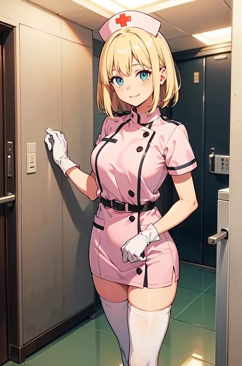 1woman, solo, nurse, white nurse cap, white nurse uniform, ((white legwear, zettai ryouiki)), white gloves, blonde hair, blue eyes, pink lips, smile, standing, ((hospital room)), sharp outline, short sleeves, mature female, 35 years old, best quality, masterpiece