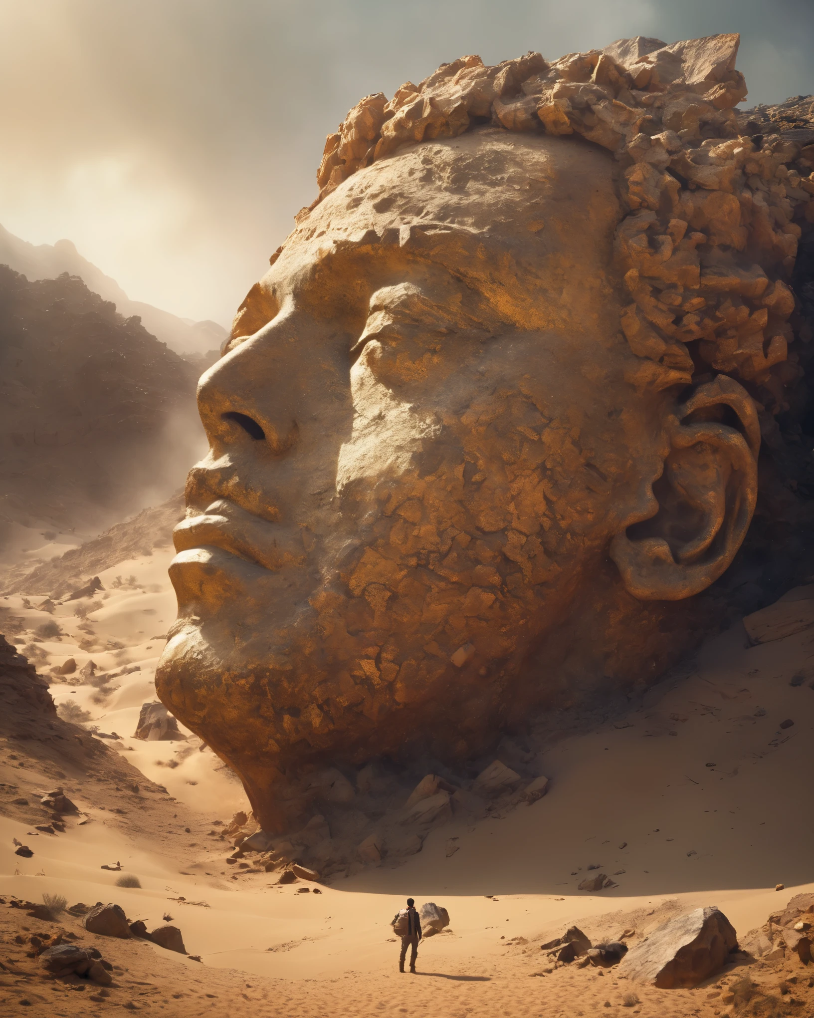 from above, bokeh, UHD, masterpiece, high details, high quality, award winning, best quality, highres, 16k,
(Looking up angle),Big Dumb Object,(Portrait of huge sculpture of handsome man's head collapsed in desert:1.3),(A little man is looking at the sculpture:1.0),Great Wilderness,Dense fog,old,Art style of Philip Hodas,Matte of the human soul, realism ,BDO works by American digital artist Stuart Lippincott,Use advanced tones and shading,Creates a dazzling and mysterious light,The deep spatial pattern and mysterious atmosphere,Create a sci-fi mechanical god realm,Highlighting the insignificance of human beings,and fear of the unknown,minimalist art,fantasy,Surrealism,in style of Sharpie drawing, portrait, beautiful detailed