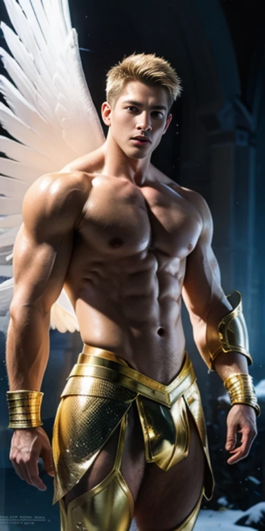 Ultra high resolution, best quality, photograph, 4k, (photographrealistic: 1.4), movie light, The male angel has large translucent wings., A shirtless, muscular man., Abdominal muscles wearing medieval gold armor, Fine fur, feThe male angel has large translucent wings., muscular woman, Abdominal muscles wearing medieval gold armor, Fine fur, cyberpunk environment, Environment with snow and ice in the background, ice cathedral, Portal of the future, Three-dimensional lighting, HD, magic, god of light, Backlight, detailed face, contrast, smooth skin, soft hands, correct anatomy, five fingers.