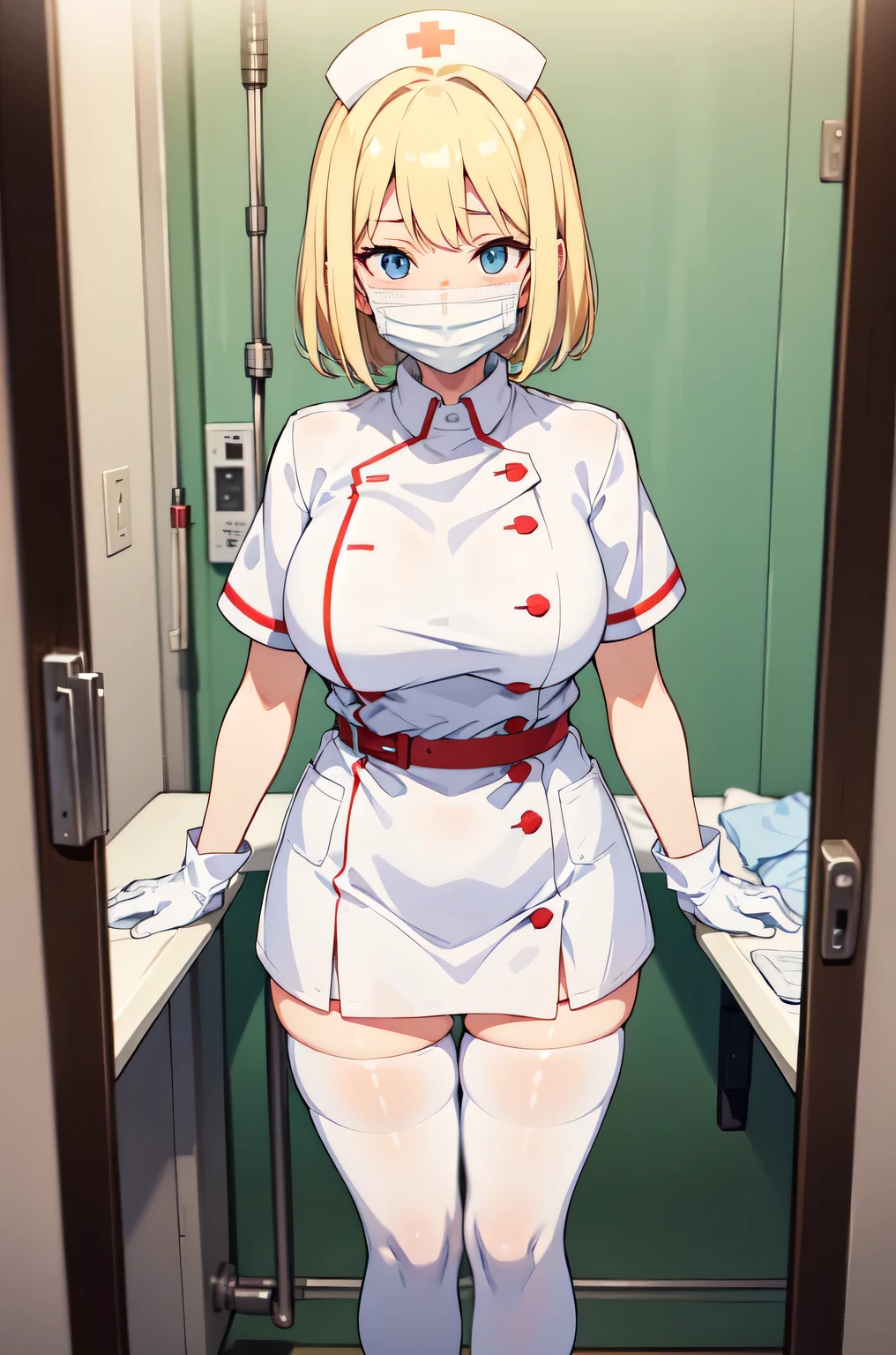 1woman, solo, nurse, white nurse cap, white nurse uniform, ((white legwear, zettai ryouiki)), white gloves, blonde hair, blue eyes, ((white surgical mask, covered nose)), standing, ((hospital room)), sharp outline, short sleeves, mature female, 35 years old, best quality, masterpiece
