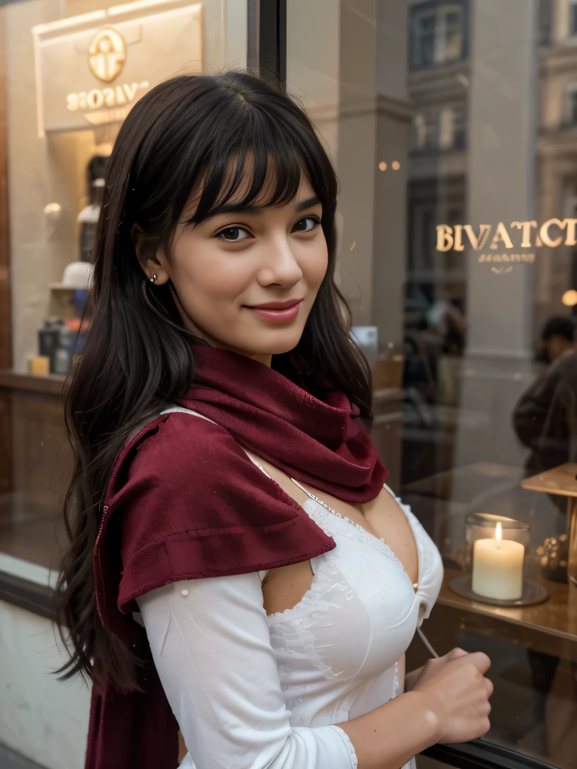 solo lovely smiling Bettie Page,, in front of boutique, (highest quality texture), boutique store front, display windows full of interesting items, film quality, dark skinned woman dressed in high style fashion, she wears red velvet scarf, (highest level red velvet texture detail, luxurious), she's in front of beautiful boutique ,soft accent candlelight in windows, gorgeous rembranndt like lighting, (Rembrandt patch), (highest quality window details), hip cool boutique in background, silky long dark hair, hair bangs to her eyes, every detail,Fine facial features, Masterpiece – Masterpiece ○○ quality – ○○ quality best quality(Highest Quality) ,Leica film, best, solo female, High quality (hiquality) etc ○○ detailed – ○○ details ultra detailed(Ultra-fine ), Photorealistic, Extremely detailed(Extremely detailed) , Finely detailed(Fine-grained), (highest detail skin texture peachfuzz earlobe realistic) etc ○○ res – ○○ resolution ultra high res(A high resolution) , very high texture res(light resolution), Realistic – Realistic Photorealistic – photorealistic beautiful – beautiful 4k , 8K, artsy shop front, close and intimate,