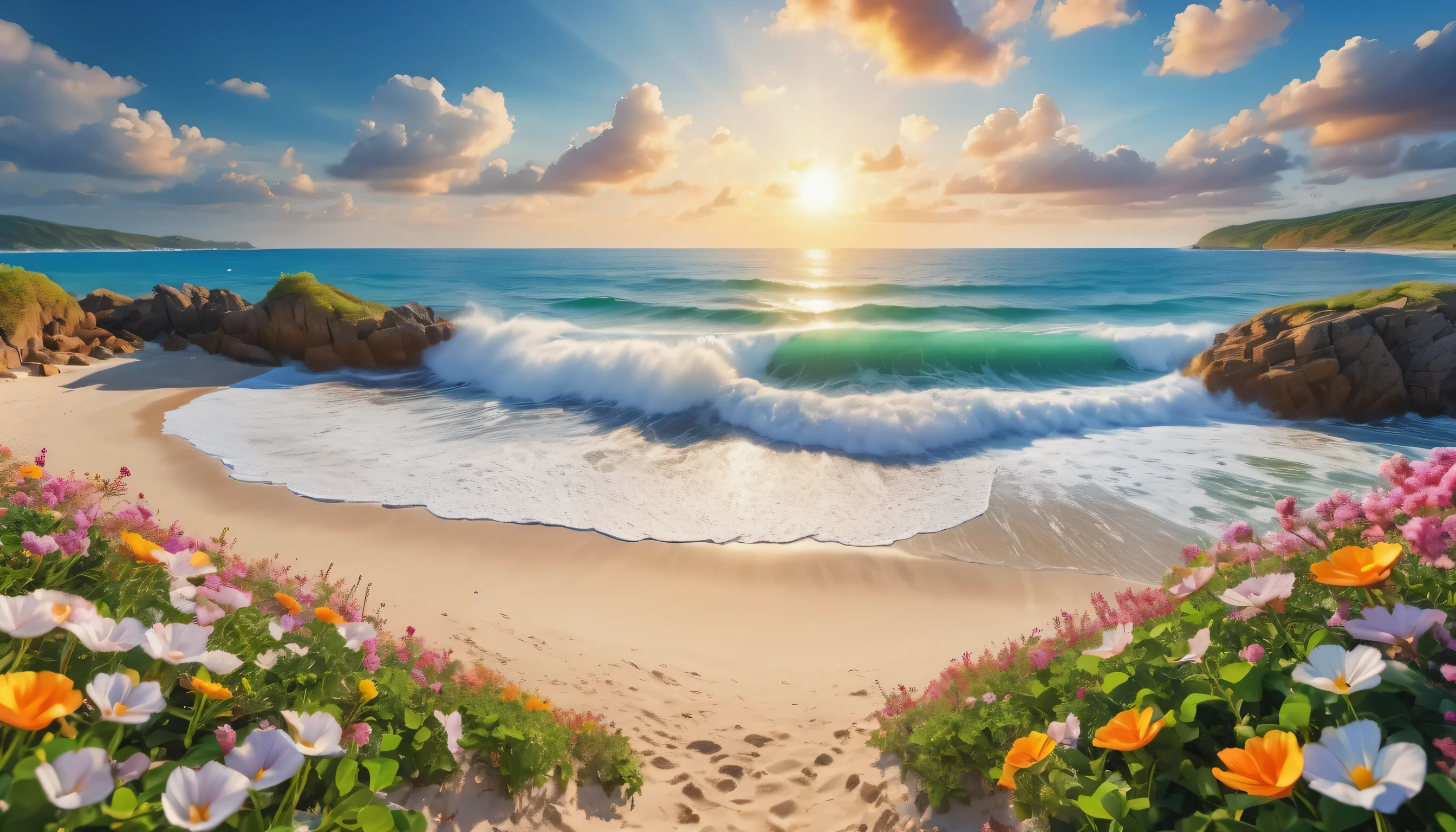 The background of the picture is peaceful by the sea, and the sun was shining brightly, The waves crash against the beach, Flowers bloom on the beach, Melodious sound, Strange clouds stand out, first-person view, panorama, UHD,(Best Quality),(Masterpiece Photos), (Details:1.4),(8k Highly Detailed)(Best Quality),(Best Shading)