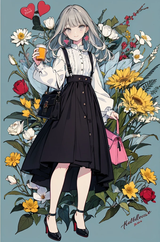 (masterpiece:1.2), highest quality,pixiv,sweet girl , 1 girl, flower, cup, have, bob hair, gray hair, bag, high heels, food, jewelry, earrings, looking at the viewer, smile, holding, long hair, inner color、alone, fruits, knee-length dress， handbag, gray eyes, Colorful shoes, bird, yellow flower, envelope, full body, white flower, shirt,Are standing, valentine color、colorful background、