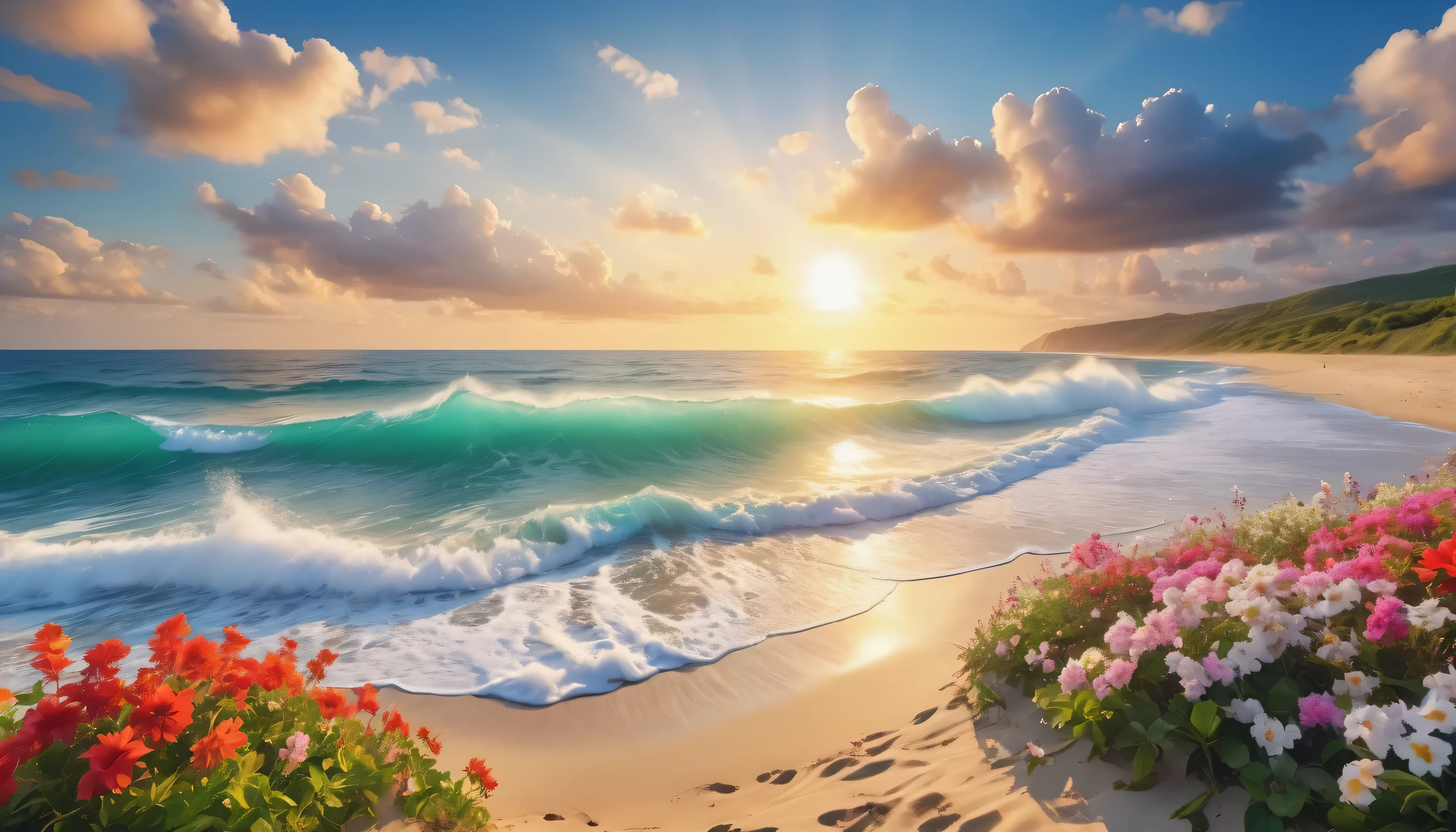 The background of the picture is peaceful by the sea, and the sun was shining brightly, The waves crash against the beach, Flowers bloom on the beach, Melodious sound, Strange clouds stand out, first-person view, panorama, UHD,(Best Quality),(Masterpiece Photos), (Details:1.4),(8k Highly Detailed)(Best Quality),(Best Shading)