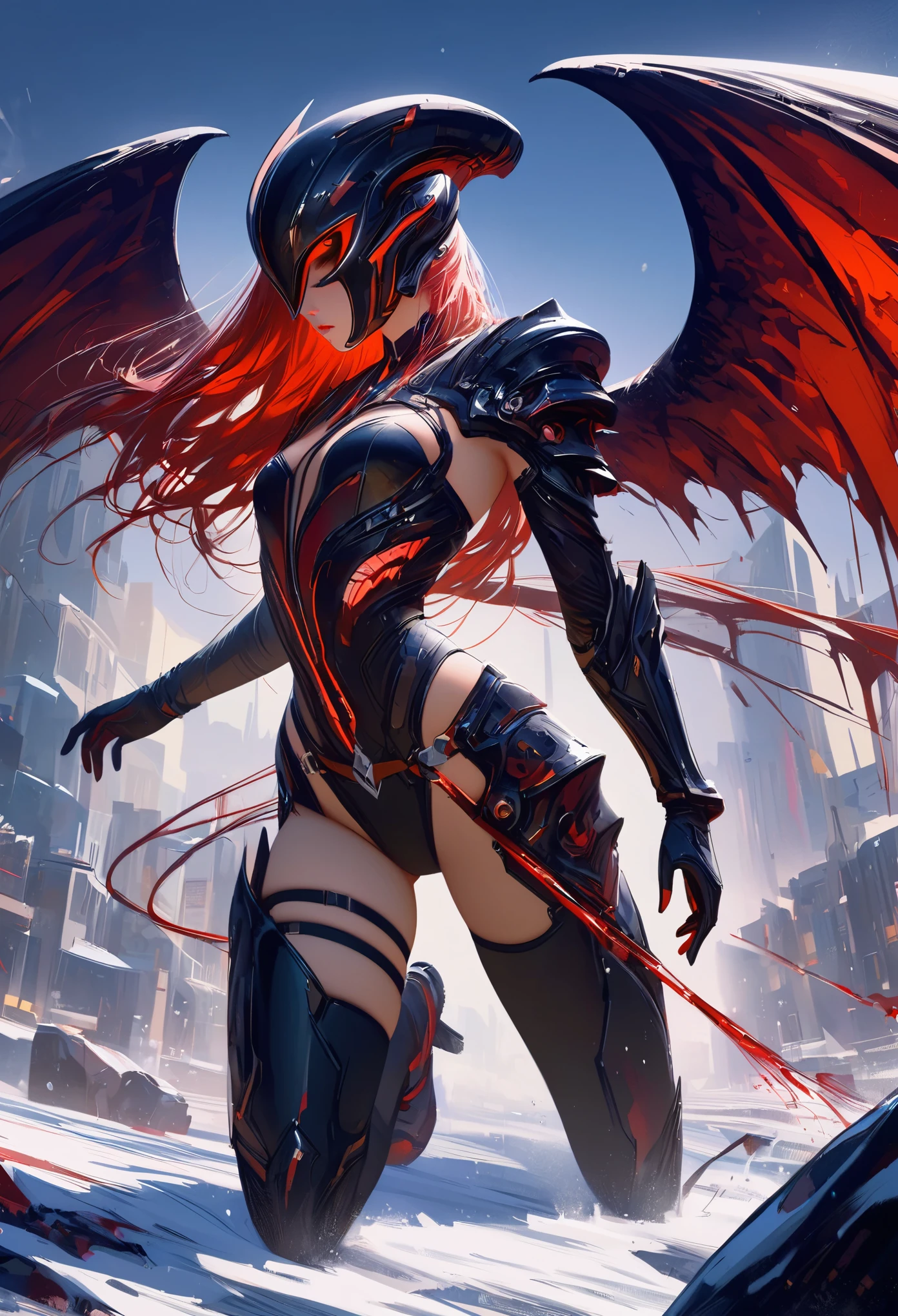 Black，chiaroscuro, Ray tracing, movie lighting, cowboy shooting, 8K, Yes, Super details, precise, best quality, Award-winning, Award-winning, A High resolution, masterpiece, high detail，guweiz on artstation pixiv, Popular topics on artstation pixiv, Detailed number concept art, author：Yang Jie, 2. 5D CGI anime fantasy artwork，ultra high definition，8K ，Realistic skin texture，chiaroscuro, Ray tracing, movie lighting, 8K, Yes, Super details, precise, best quality, Award-winning, Award-winning, A High resolution, masterpiece, high detail，in the snow，Clear，masterpiece， best quality， 8K， number， 1 girl， alone， stand up， hair accessories， Red eyes， Heartless expression， Bloodstained mechanical parts， electric wire， cable， failure effect， scary， Science fiction， futuristic， The background inside is darker， neon lights， cyberpunk characters， surreal， Strange， Disturbing， spine-chilling， scary， western metal，Red eyes，发Black，black long gloves，One-piece Pants，leggings，Highlight her graceful figure,Wrap the whole body and stand up，symbiont，（（Raised sexy）），Jumpsuits，Red eyes，Venom Possession，发Black，black long gloves，One-piece Pants，black one piece，Blood-red eyes，best quality, High resolution, super detailed, Vivid texture, mask, Bangs，wear socks，tears，Covered in black slime