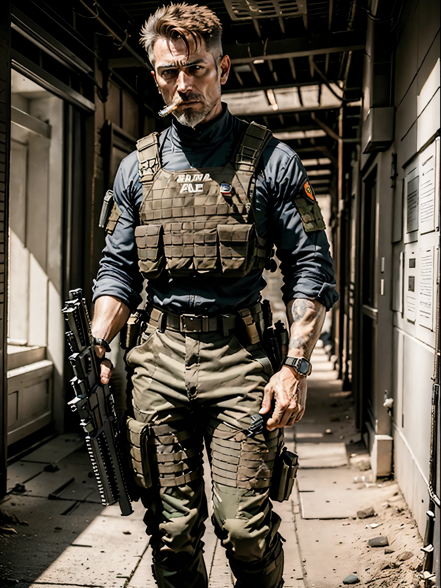 masterpiece, best quality, solo, solo focus, auburn hair, crew cut, dark grey eyes, mercenary, age 45, male focus, (((holding weapon, assault rifle))), load-bearing vest, cigar in mouth, danger atmosphere, ammunition belt, war zone