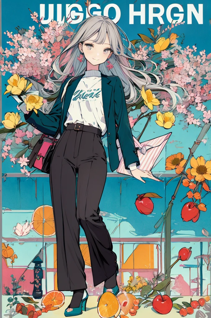 (masterpiece:1.2), highest quality,pixiv,sweet girl , 1 girl, flower, cup, have, bob hair, gray hair, bag, high heels, food, jewelry, earrings, looking at the viewer, smile, holding, long hair, inner color、alone, fruits, pants style, flower柄のshirt、handbag, gray eyes, Colorful shoes, bird, yellow flower, envelope, english text, full body, white flower, shirt,Are standing, cherry blossoms、colorful background、