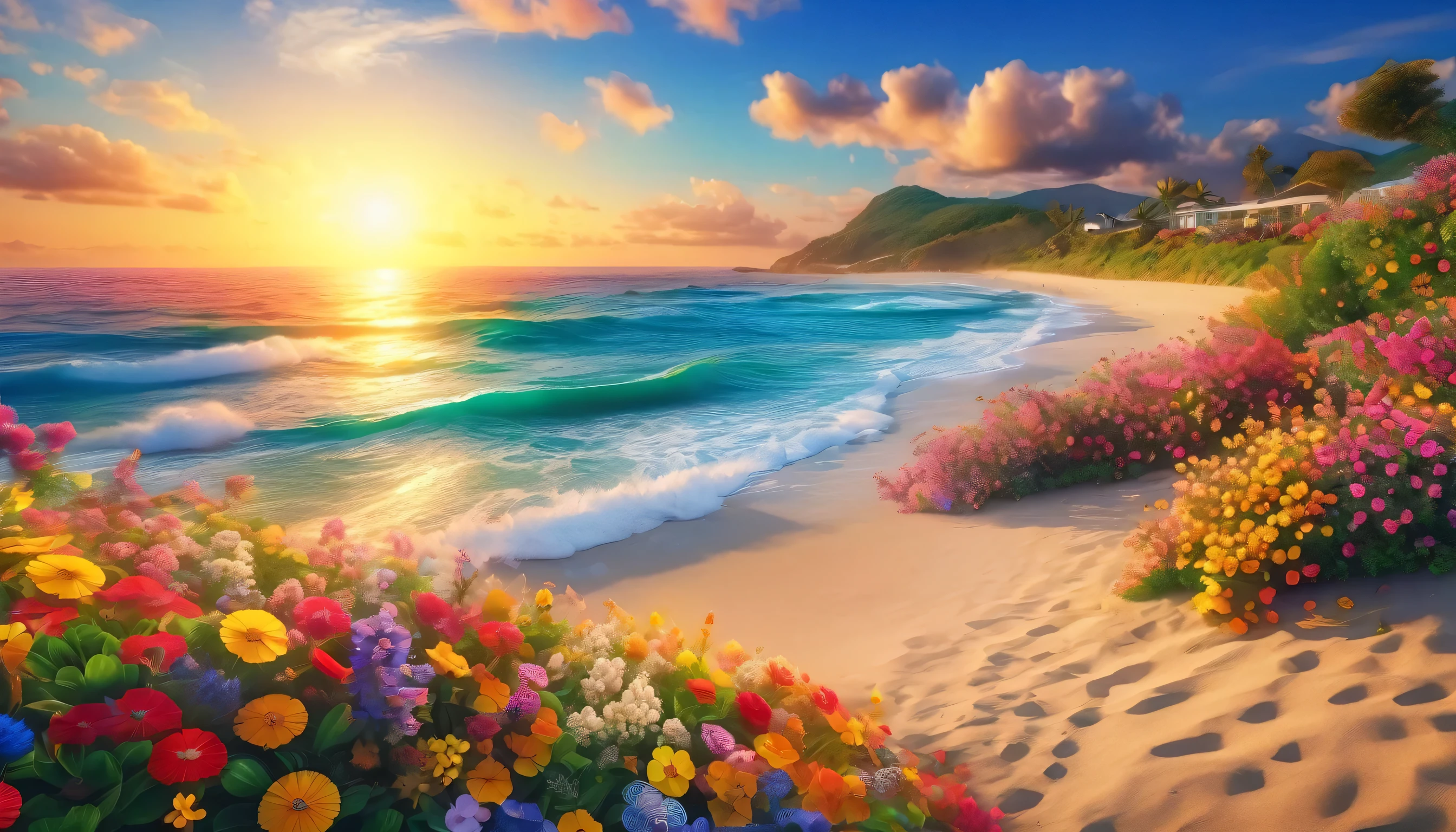 The background of the picture is peaceful by the sunset sea, and the sun was shining brightly, The waves crash against the beach, colorfyl Flowers bloom on the beach, Melodious sound, Strange clouds stand out, first-person view, panorama, UHD,(Best Quality),(Masterpiece Photos), (Details:1.4),(8k Highly Detailed)(Best Quality),(Best Shading)