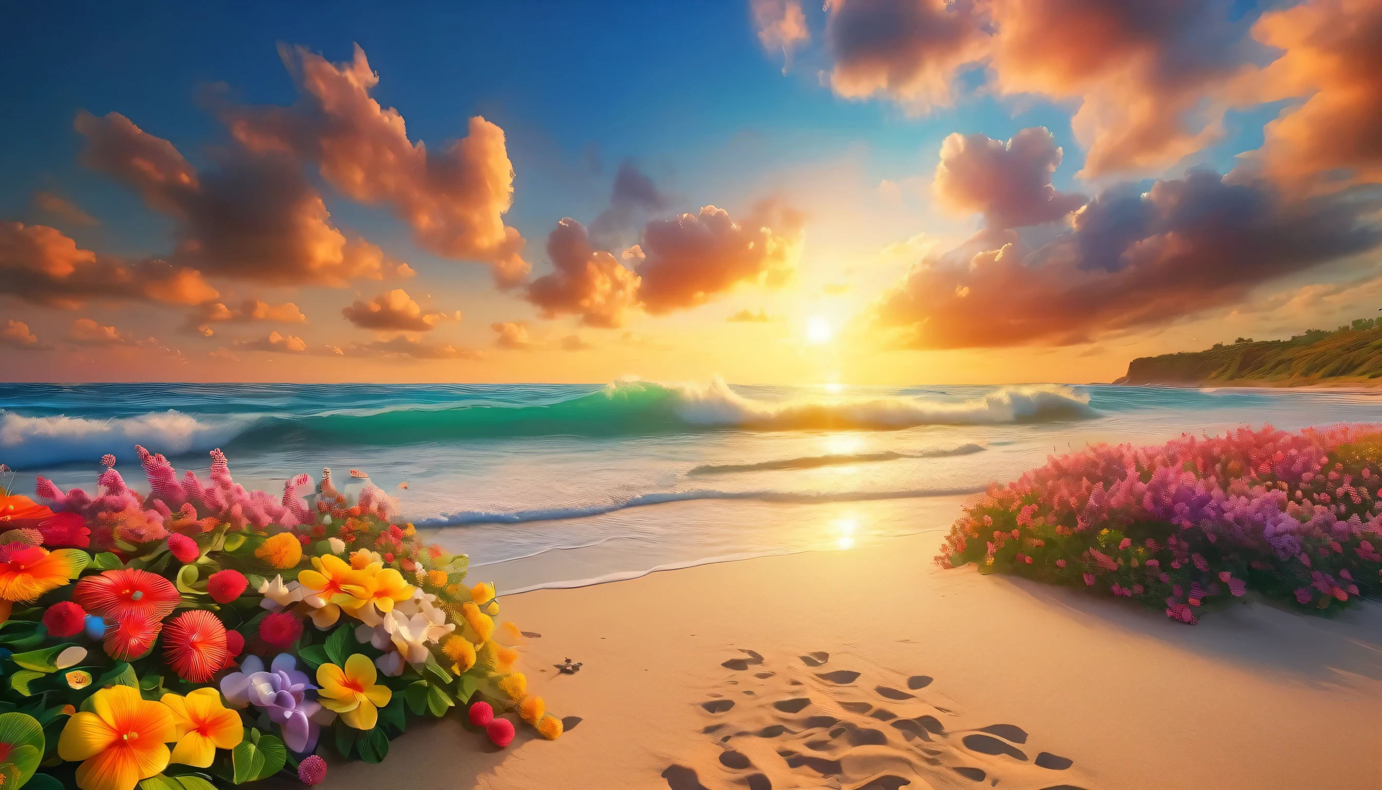 The background of the picture is peaceful by the sunset sea, and the sun was shining brightly, The waves crash against the beach, colorfyl Flowers bloom on the beach, Melodious sound, Strange clouds stand out, first-person view, panorama, UHD,(Best Quality),(Masterpiece Photos), (Details:1.4),(8k Highly Detailed)(Best Quality),(Best Shading)