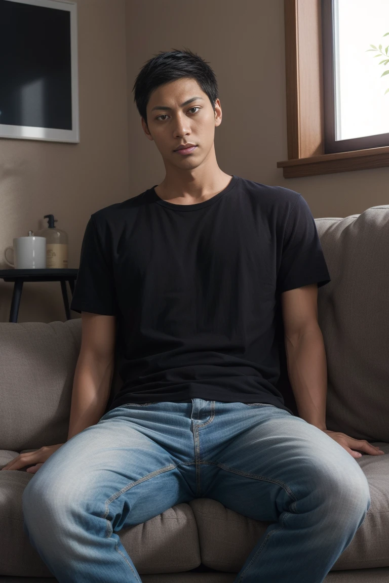 masterpiece,best quality,ultra high res,visually stunning,award-winning art, handsome aomine daiki ,living room , Sit on the sofa