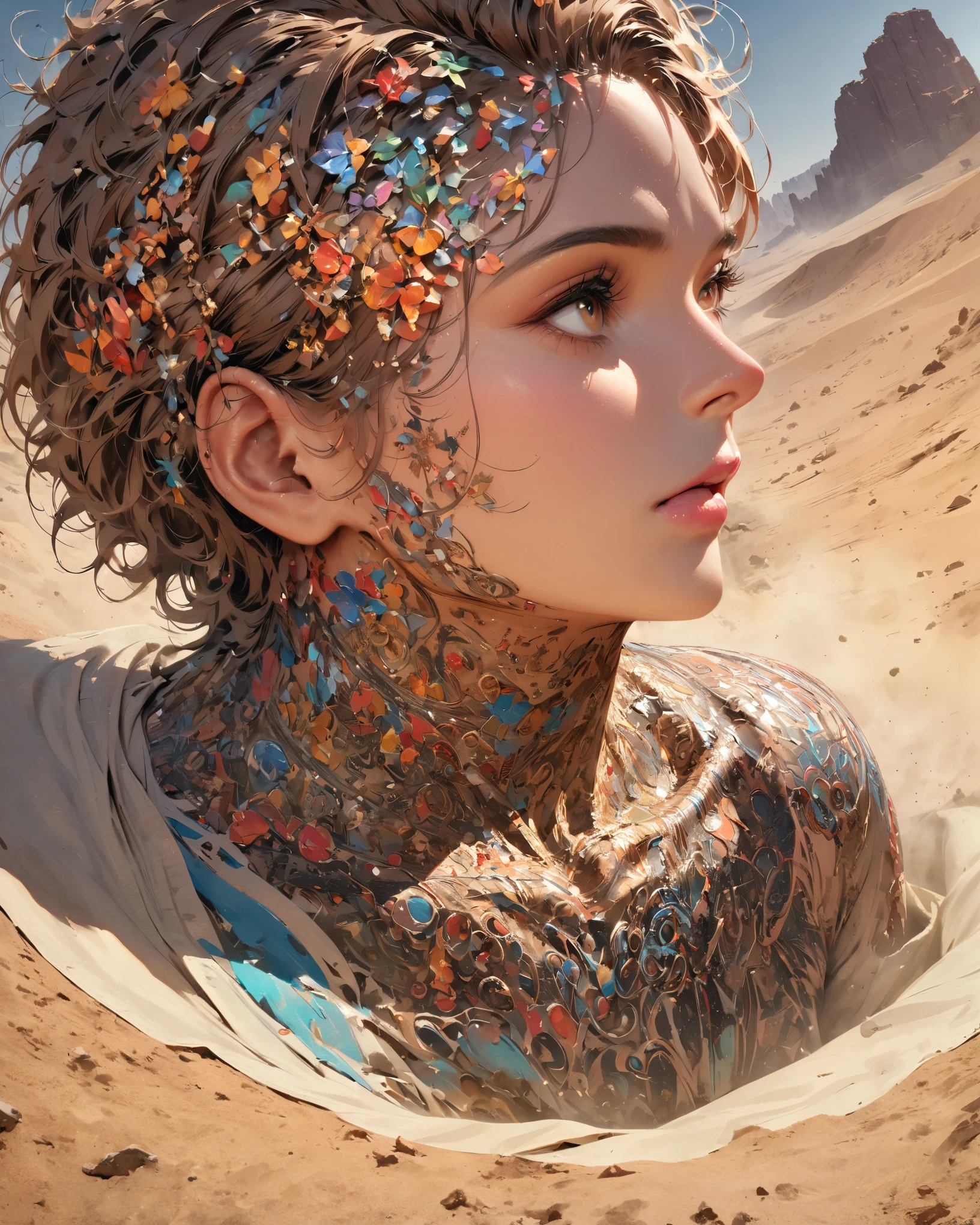 from above, bokeh, UHD, masterpiece, high details, high quality, award winning, best quality, highres, 16k,
(Looking up angle),Big Dumb Object,(Portrait of huge sculpture of handsome man's head collapsed in desert:1.3),(A little man is looking at the sculpture:1.0),Great Wilderness,Dense fog,old,Art style of Philip Hodas,Matte of the human soul, realism ,BDO works by American digital artist Stuart Lippincott,Use advanced tones and shading,Creates a dazzling and mysterious light,The deep spatial pattern and mysterious atmosphere,Create a sci-fi mechanical god realm,Highlighting the insignificance of human beings,and fear of the unknown,minimalist art,fantasy,Surrealism,in style of Sharpie drawing, portrait, beautiful detailed