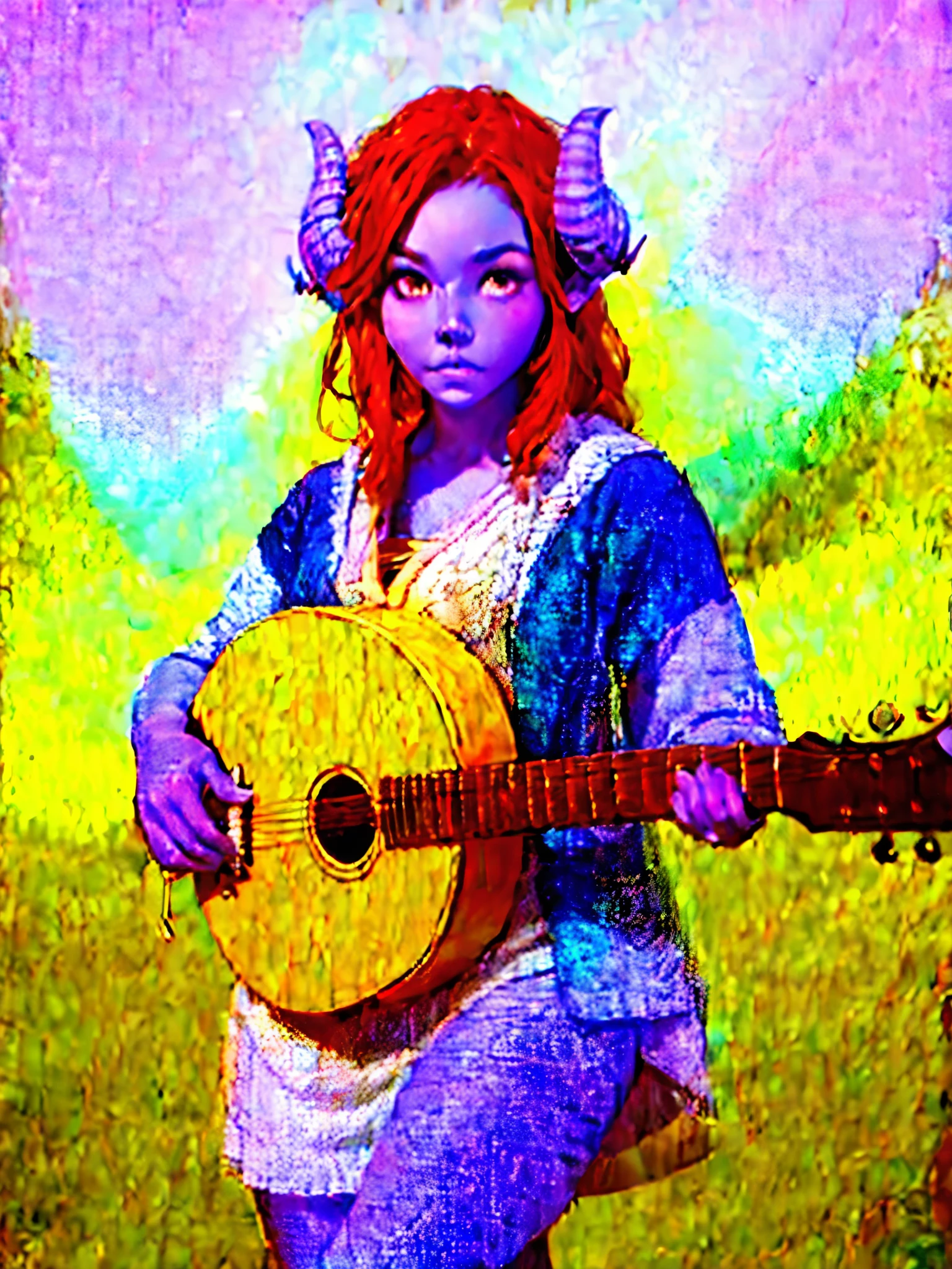 clothed redhead girl with purple skin holding a lute, golden clothes, horns