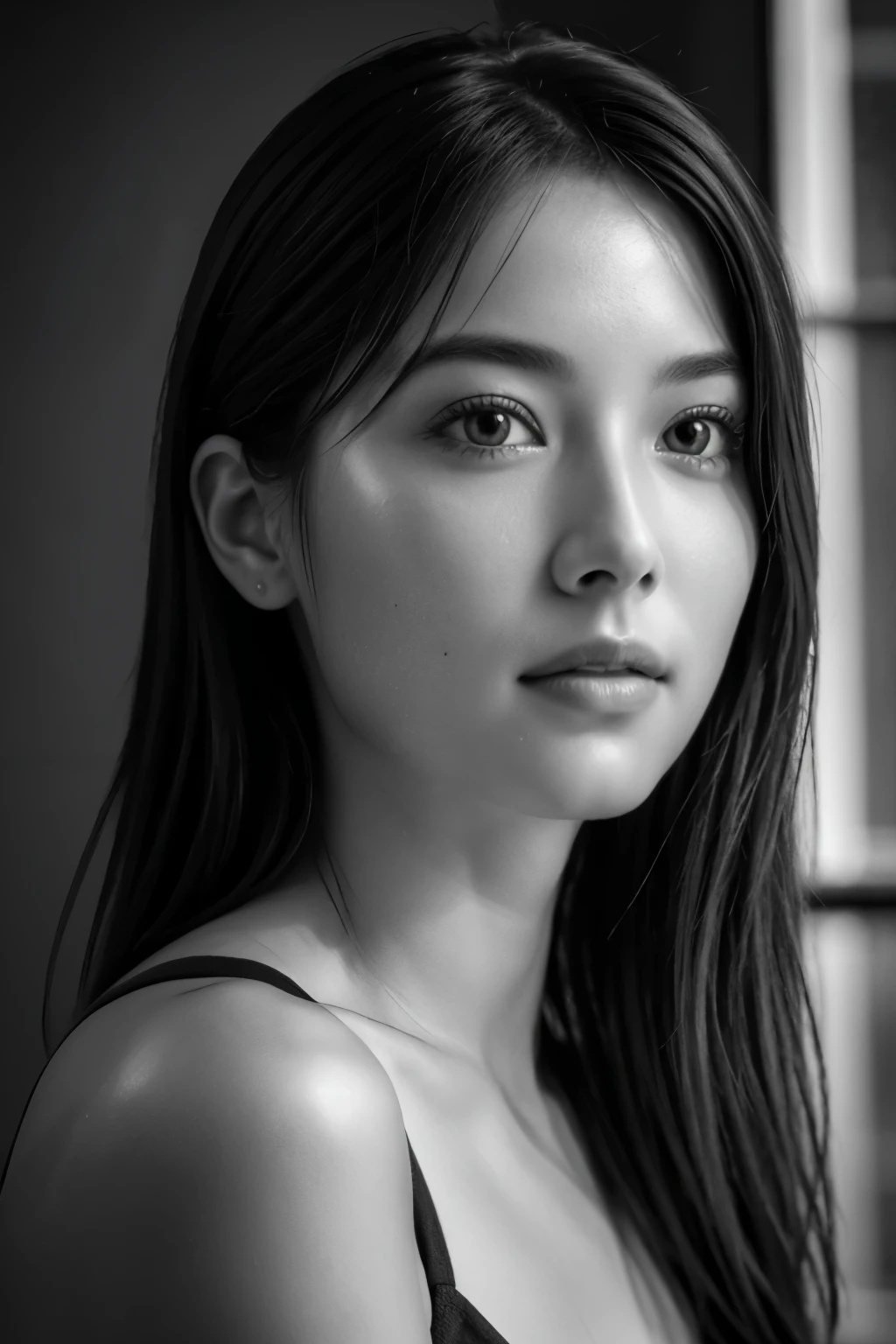 table top, highest quality, Photoreal, Super detailed, finely, High resolution, 8k wallpaper, RAW photo, Professional, Advanced level of detail, (((monochrome photography))), 1 girl, (facing the front), Upper body, perfect face, (Only lips red)