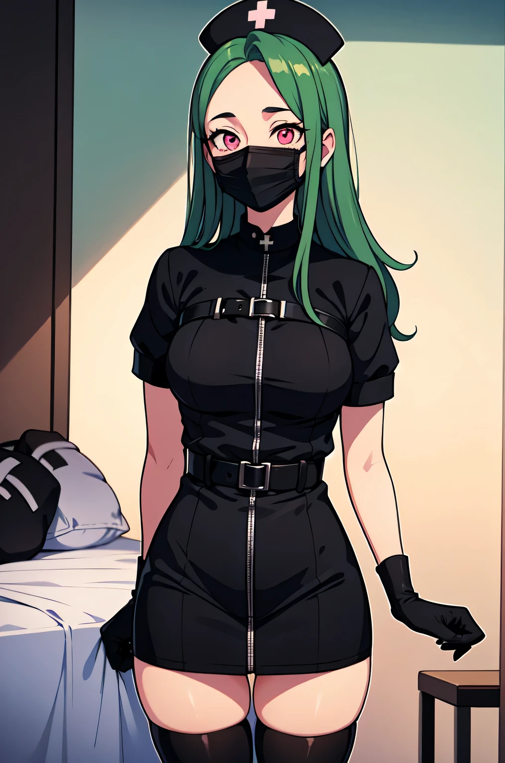 black nurse, 1woman, solo, black nurse cap, black wear, ((black legwear, zettai ryouiki)), black elbow gloves, forehead, long hair, green hair, pink eyes, ((black surgical mask, covered nose)), standing, ((surgery room)), sharp outline, short sleeves, mature female, 35 years old, best quality, masterpiece