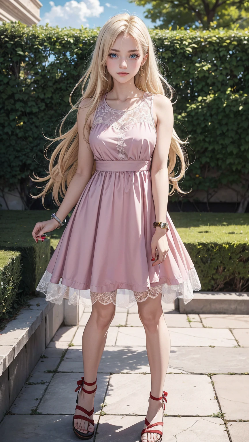 ((最high quality, 8K, masterpiece: 1.3, Ultra HD, high quality, 最high quality, High resolution, realism)) 、(high color saturation:1.0), (highly detailed skin), (最high quality:1.0), (超High resolution:1.0) ,(realistic:1.0), (Super detailed:1.0), (8K, Raw photo:1.1), slender、Slender, muscular body that&#39;s toned like an athlete&#39;s、I don&#39;t want my head to disappear from the screen.、Accessorize your wrist、Wearing red nail polish、I have a peticure、25 year old white woman、platinum blonde、blue eyes、long hair、hair above one eye、smile、skater dress((skater dress))wear、wear lace-up sandals、In a palace courtyard with flowering hedges、The blue sky is beautiful