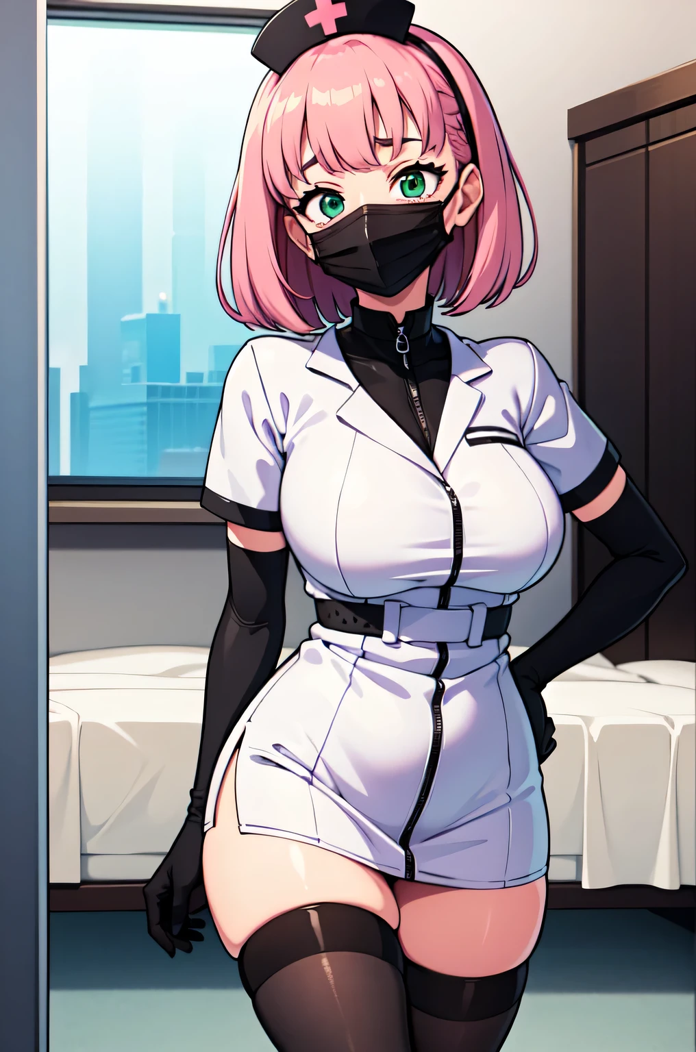 black nurse, 1woman, solo, black nurse cap, black nurse uniform, ((black legwear, zettai ryouiki)), black elbow gloves, pink hair, green eyes, drooping eyes, ((black surgical mask, covered nose)), standing, ((surgery room)), sharp outline, short sleeves, mature female, 32 years old, best quality, masterpiece