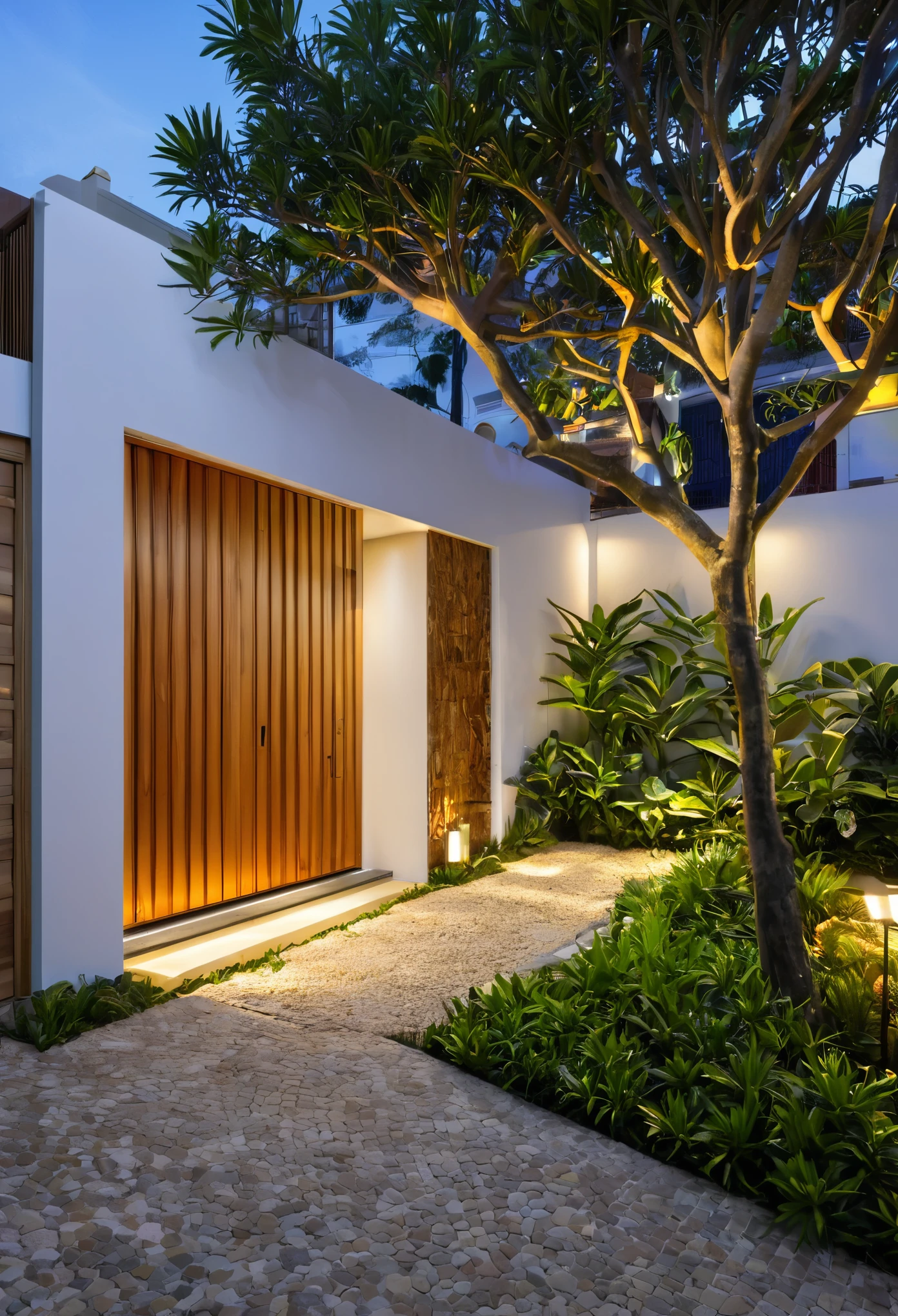 iponete residential facade, caractericistcas arquitetonica classica, imagem noturna, casa com primeiro pavimento, garagem aberta, carro volvo, jardim tropical ao redor, uso de madeira clara, pedras naturais, cores claras, clear lighting,