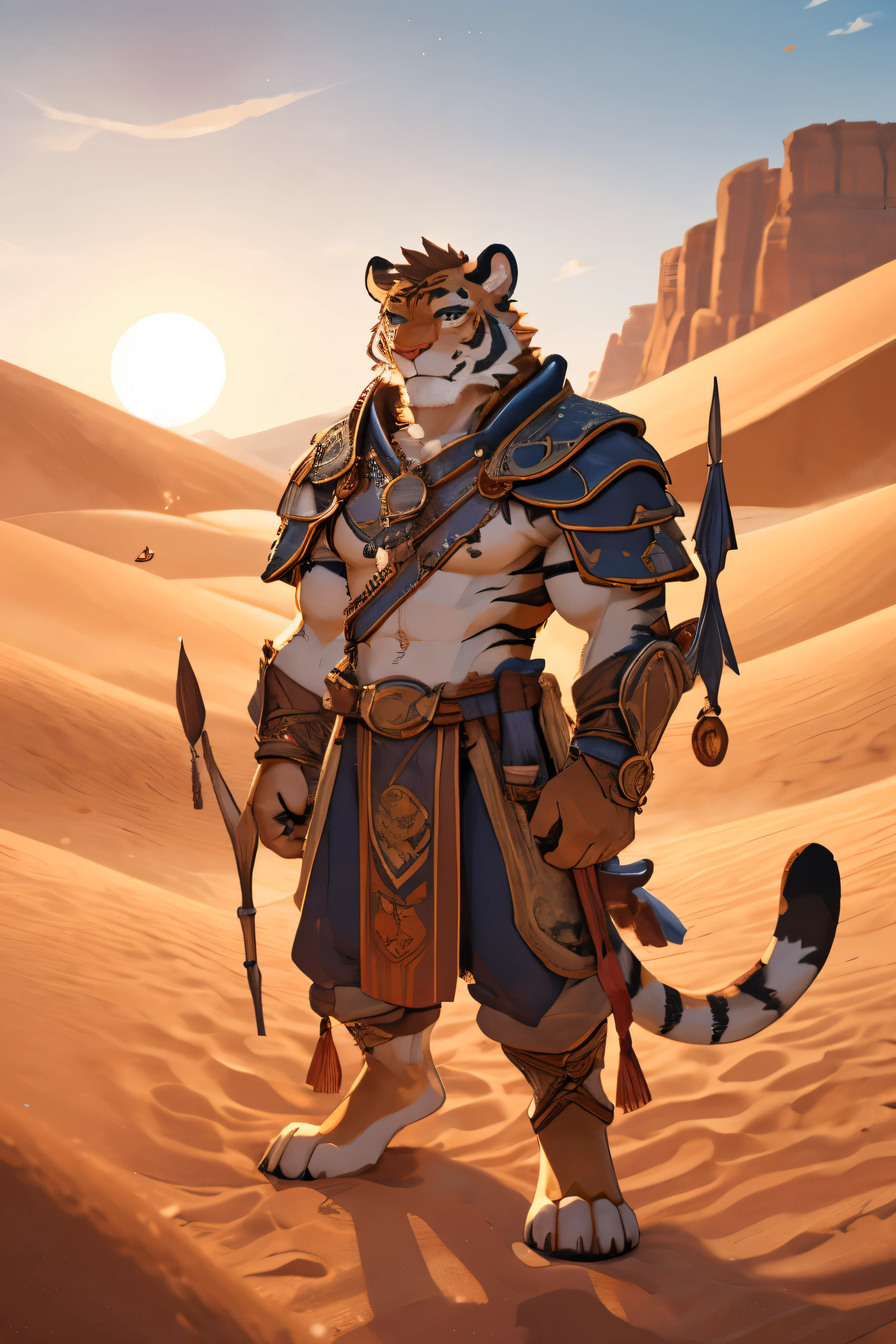 highres, furry, anthro, tiger, gray eyes, tail, sun, desert background, standing on a sand dune, sandstorm, cacti, dust, heat, solo, 1 boy, masterpiece, best quality, extremely detailed, expressive, dramatic light, epic setting, very detailed, light against darkness, photography, hyper realistic, moody, cinema lighting, intricate detail, depth of field, bokeh, muscular, (digitigrade), loincloth, (bara)