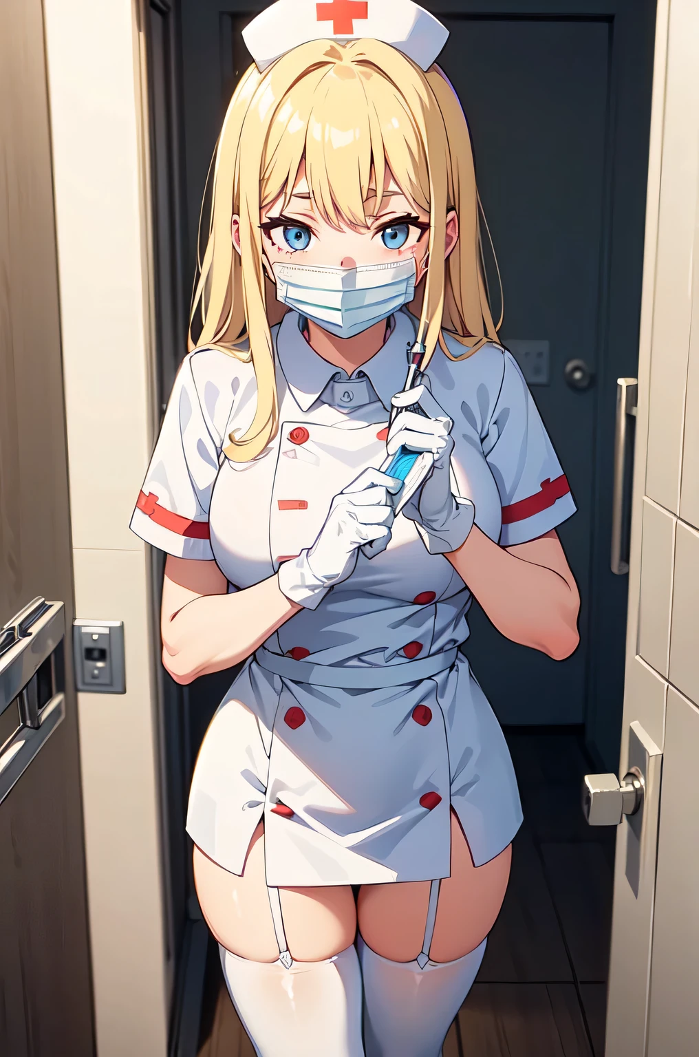 1girl, solo, nurse, nurse cap, white nurse uniform, ((white legwear, zettai ryouiki)), white gloves, twintails, yellow hair, purple eyes, ((white surgical mask, covered nose)), standing, ((hospital room)), sharp outline, short sleeves, best quality, masterpiece