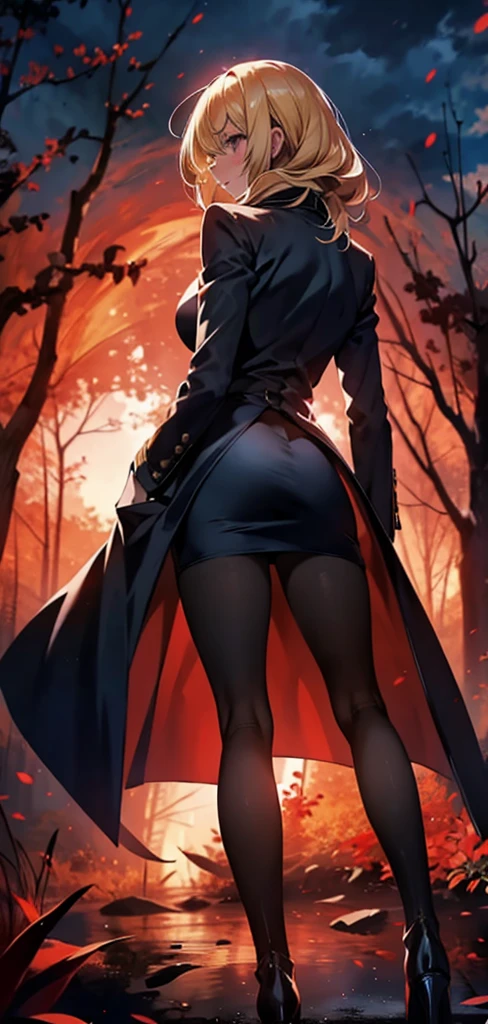 blonde woman,long coat,mini skirt,Rear view,silhouette,sexy body,red forest,Red Moon,Red Night,