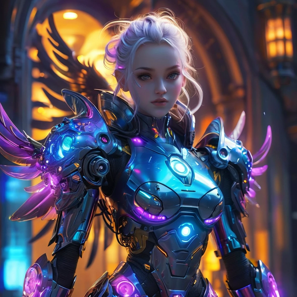 (best quality, 8K, Une haute résolution, chef-d'artwork:1.2), (Ultra-detailed), (tortue anthropomorphe),(Futuristic Mechanical Bald Eagle Cybertron), (Ange de bataille Lolita),corps entieresbienne, lueur de rêve,Luminous neon lights,High-tech mechanical parts,Metal claws and wings,Metal heads and pins,Metal feathers,Extremely cool,Pieds en métal,Oeil bionique,Detailed feather design,bec pointu,plane dans les airs,Electric blue and bright purple,Des yeux brillants et vifs,Reflective metal surface,Interlocking mechanical gears,Dynamic and elegant design,effet de flou de mouvement,un savoir-faire minutieux,ambiance science-fiction,Clean aerodynamic shape,Laser scanning model,projections holographiques,Lignes de circuits électroluminescents,d'a captivating beauty,A precision of'un autre monde,Advanced sensors,Des algorithmes complexes,Menacing and mysterious atmosphere,Electrical sparks,Chromage brillant,Futuristic propulsion system,solo,Coup moyen,art conceptuel, Fantasy theme,Volumetric lighting, Illumination globale, reflection, hyper HD,The light is bright,Couleurs RVB,vibrant de couleurs, Mechamusume,McCorg Equipment