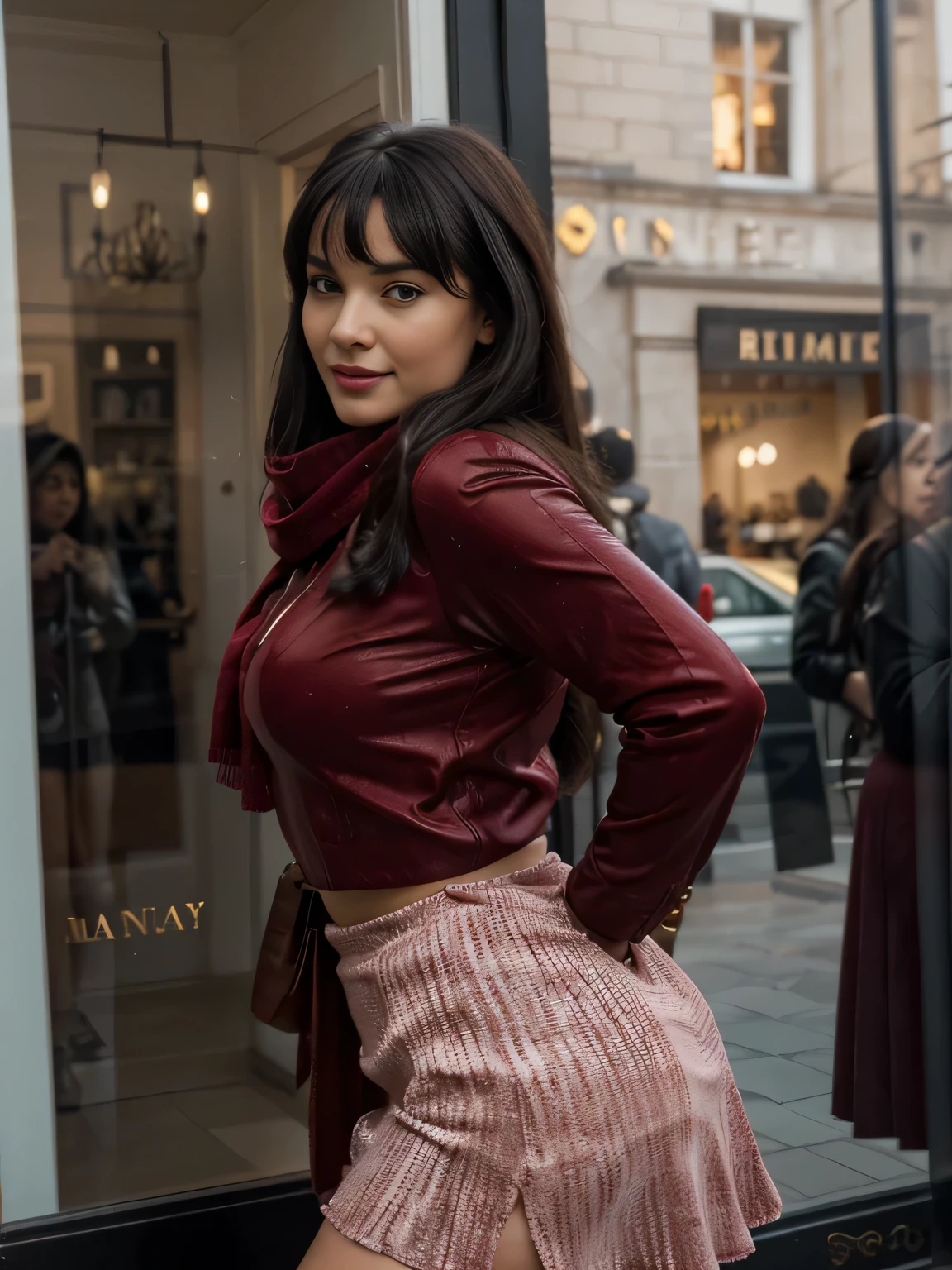 solo lovely smiling Bettie Page,, in front of boutique, (highest quality texture), boutique store front, display windows full of interesting items, film quality, dark skinned woman dressed in high style fashion, she wears red velvet scarf, (highest level red velvet texture detail, luxurious), maxy long red velvet skirt, black tight leather gloves,she's in front of beautiful boutique ,soft accent candlelight in windows, gorgeous rembranndt like lighting, (Rembrandt patch), (highest quality window details), hip cool boutique in background, silky long dark hair, hair bangs to her eyes, every detail,Fine facial features, Masterpiece – Masterpiece ○○ quality – ○○ quality best quality(Highest Quality) ,Leica film, best, solo female, High quality (hiquality) etc ○○ detailed – ○○ details ultra detailed(Ultra-fine ), Photorealistic, Extremely detailed(Extremely detailed) , Finely detailed(Fine-grained), (highest detail skin texture peachfuzz earlobe realistic) etc ○○ res – ○○ resolution ultra high res(A high resolution) , very high texture res(light resolution), Realistic – Realistic Photorealistic – photorealistic beautiful – beautiful 4k , 8K, artsy shop front, close and intimate,