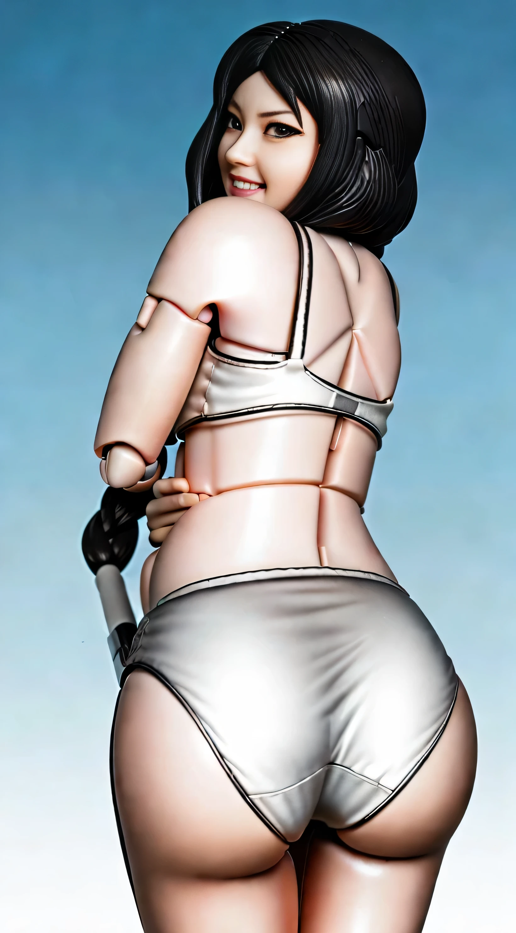 ((masterpiece, best quality)), ((39 year old)), (((Curvy))), ((Unohana from Bleach)), ((Japanese woman with long black braided hair)), ((white cotton panties)),white bra, smiling, Blue eyes, (((realistic Action figure, toy close up, detailed figurine)))