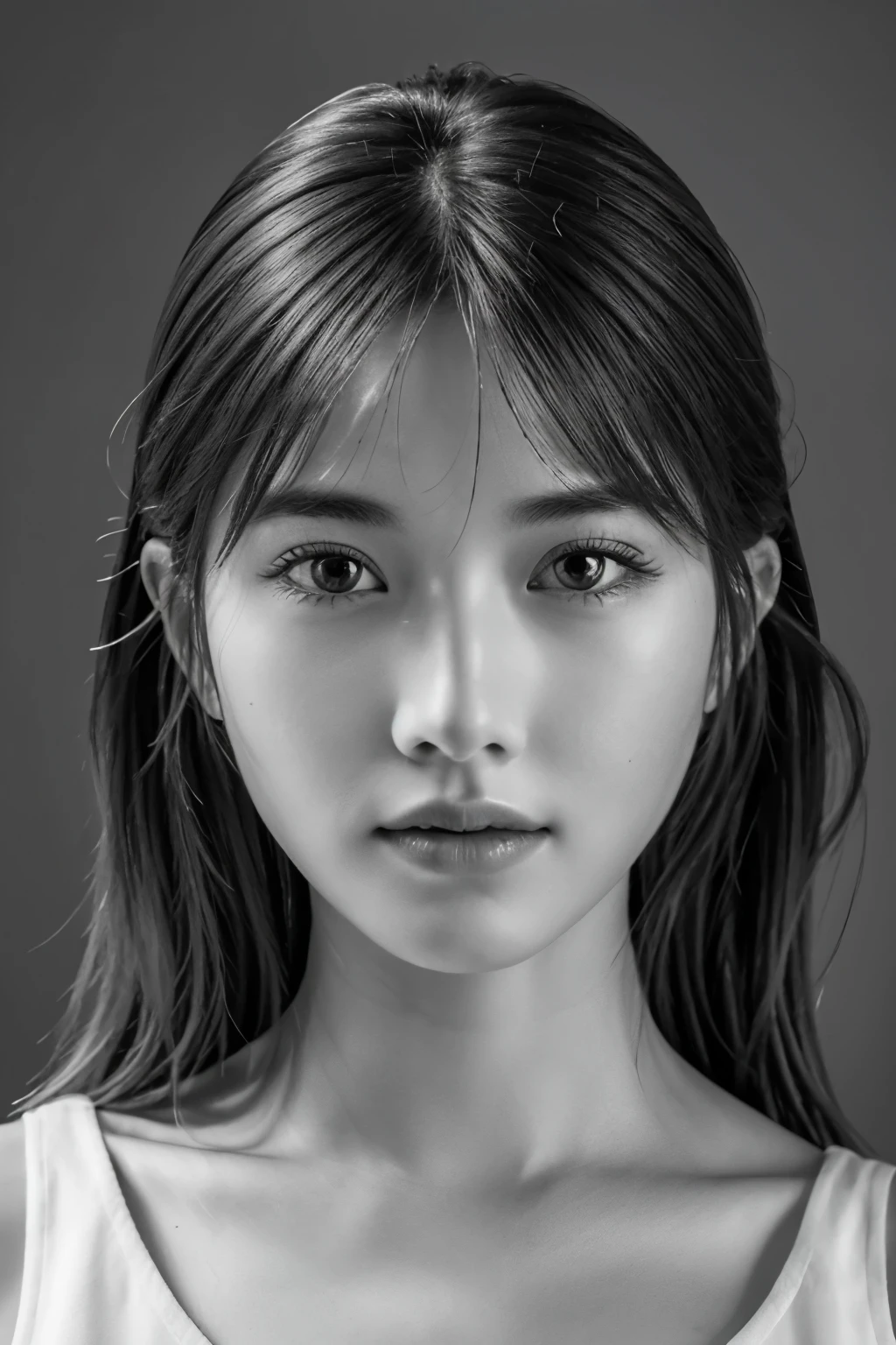 table top, highest quality, Photoreal, Super detailed, finely, High resolution, 8k wallpaper, RAW photo, Professional, Advanced level of detail, (((monochrome photography))), 1 girl, (facing the front), Upper body, perfect face, (Only lips red)