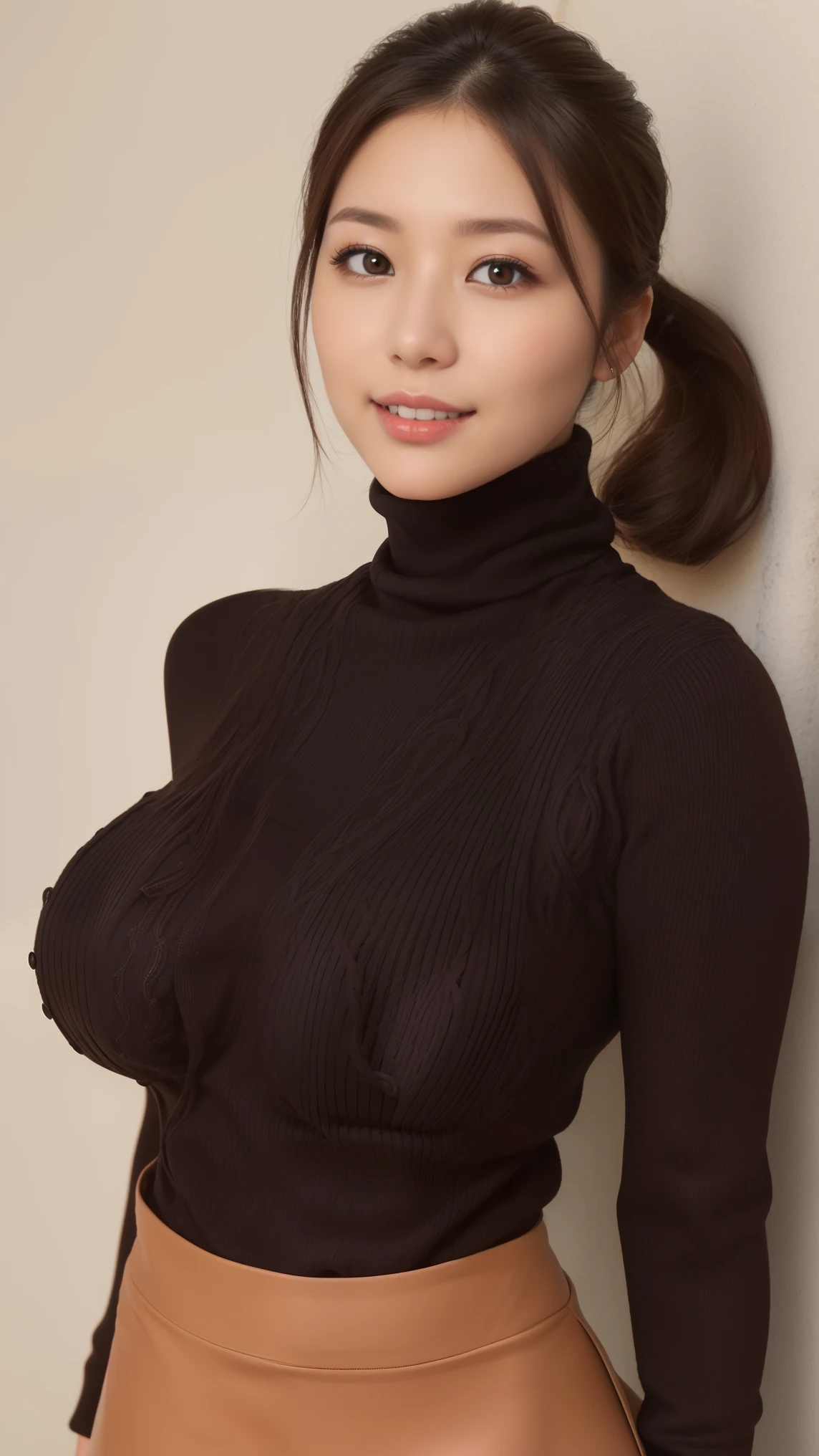 黒いturtleneckのセーターを着た日本女性、 ((nipple))), ((highest quality)), ((intricate details)), (((超realistic)), absurd solution, law of near and far, very detailed, realistic, 1 girl, ((big breasts)), perfect hands, finger details, beautiful and fine eyes, ponytail, brown eyes,(turtleneck:1.2), Tight Skirt, detailed background, , perfect eyes, enchanting eyes, look at the camera, from the front、laughter、Mole around the mouth、Knitted One Piece Skirt、thighs、((whole body:1.3))