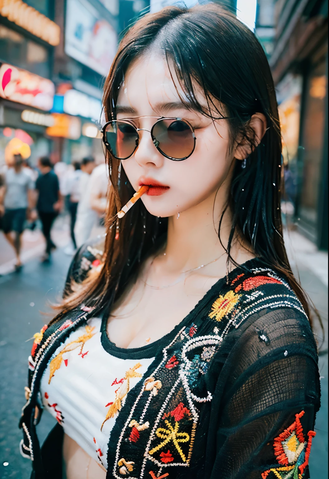 ((highest quality、8K、masterpiece:1.3))、girl、(((night)))、(((Neon Embroidered Street)))、(It's raining heavily)、Looking at the camera、((torn clothes))、((wet with water))、1 person、clear focus、((disorganized))、((highly detailed face))、(very fascinating)、real human skin, huge breasts、asian、new york street、a bit far、((wearing sunglasses))、((holding a cigarette))、((The area is dark))
