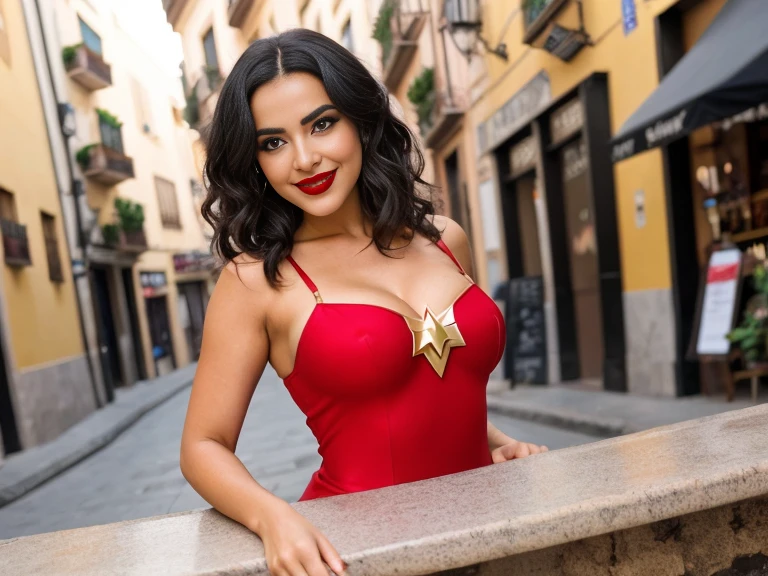 Image in 8k or higher of a beautiful Spanish brunette with curly black hair full body ,warm smile with beautiful red lipstick.dressed as sexy wonder woman of course cinematographic, atractiva, sentada en una mesa de un bar junto a un ventanal grande tomando una cerveza.(sol,al fondo una calle de Sevilla hiperdetallada), pose --aleatoria