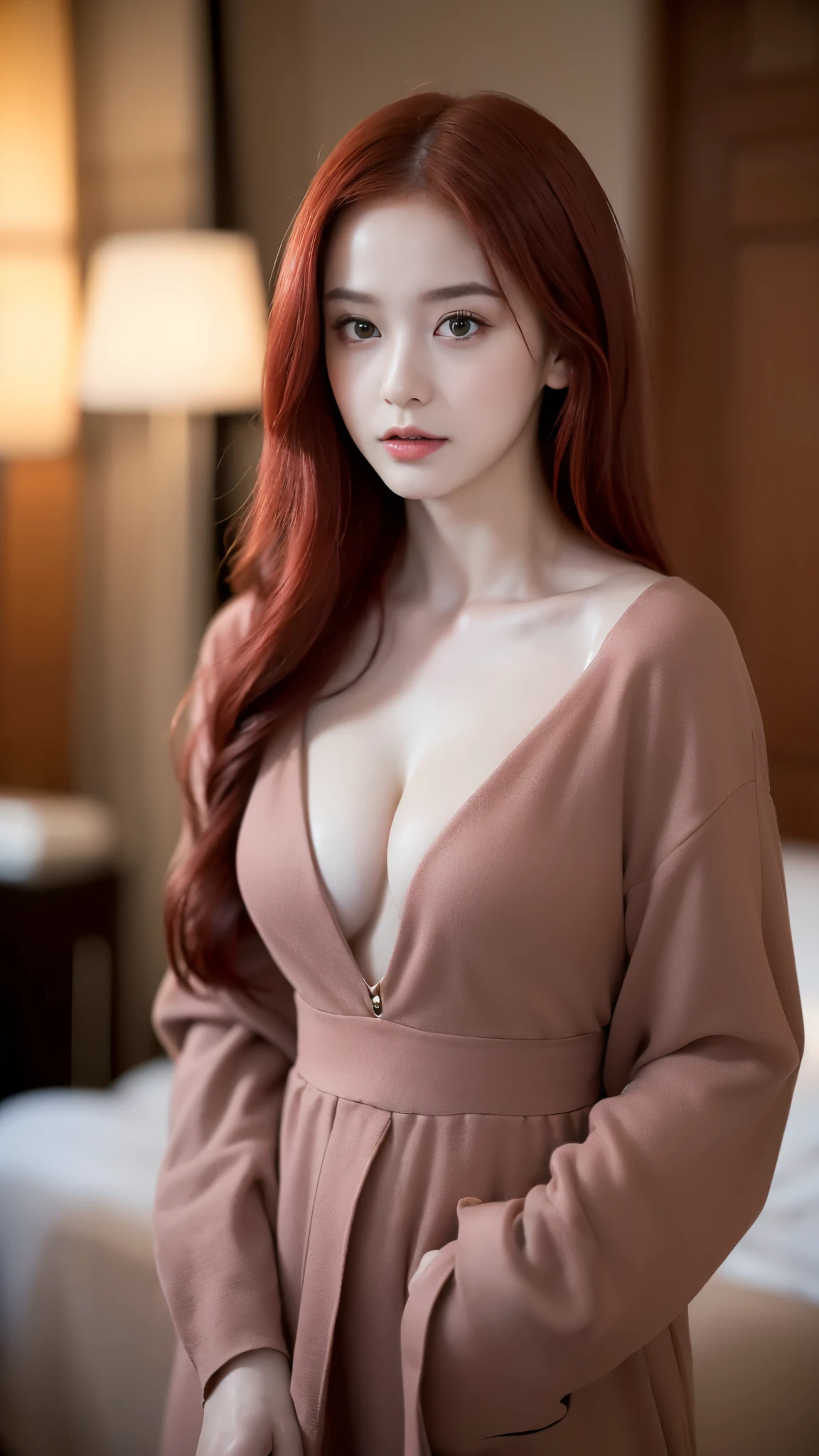 ((best quality, 8 thousand, masterpiece:1.4)), (1 woman), ((very small face:1.3)), (glowing skin:1.5), (very large cleavage:1.4), Pocket Dan Rosa Cosplay, (red hair:1.3), innocence, pure, casual dress, stockings, ((top quality, 8K, masterpiece:1.3)), (focus control:1.2), (Perfect Body Beauty:1.4),