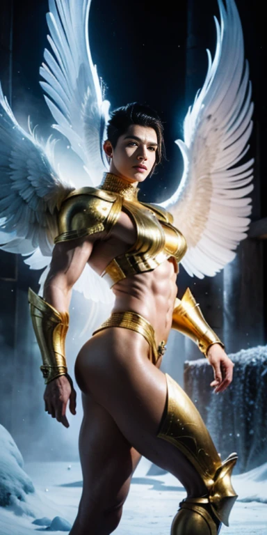 Ultra high resolution, best quality, photograph, 4k, (photographrealistic: 1.4), movie light, The male angel has large translucent wings., A shirtless, muscular man., Abdominal muscles wearing medieval gold armor, Fine fur, feThe male angel has large translucent wings., muscular woman, Abdominal muscles wearing medieval gold armor, Fine fur, cyberpunk environment, Environment with snow and ice in the background, ice cathedral, Portal of the future, Three-dimensional lighting, HD, magic, god of light, Backlight, detailed face, contrast, smooth skin, soft hands, correct anatomy, five fingers.crotch tung,Big target,big egg