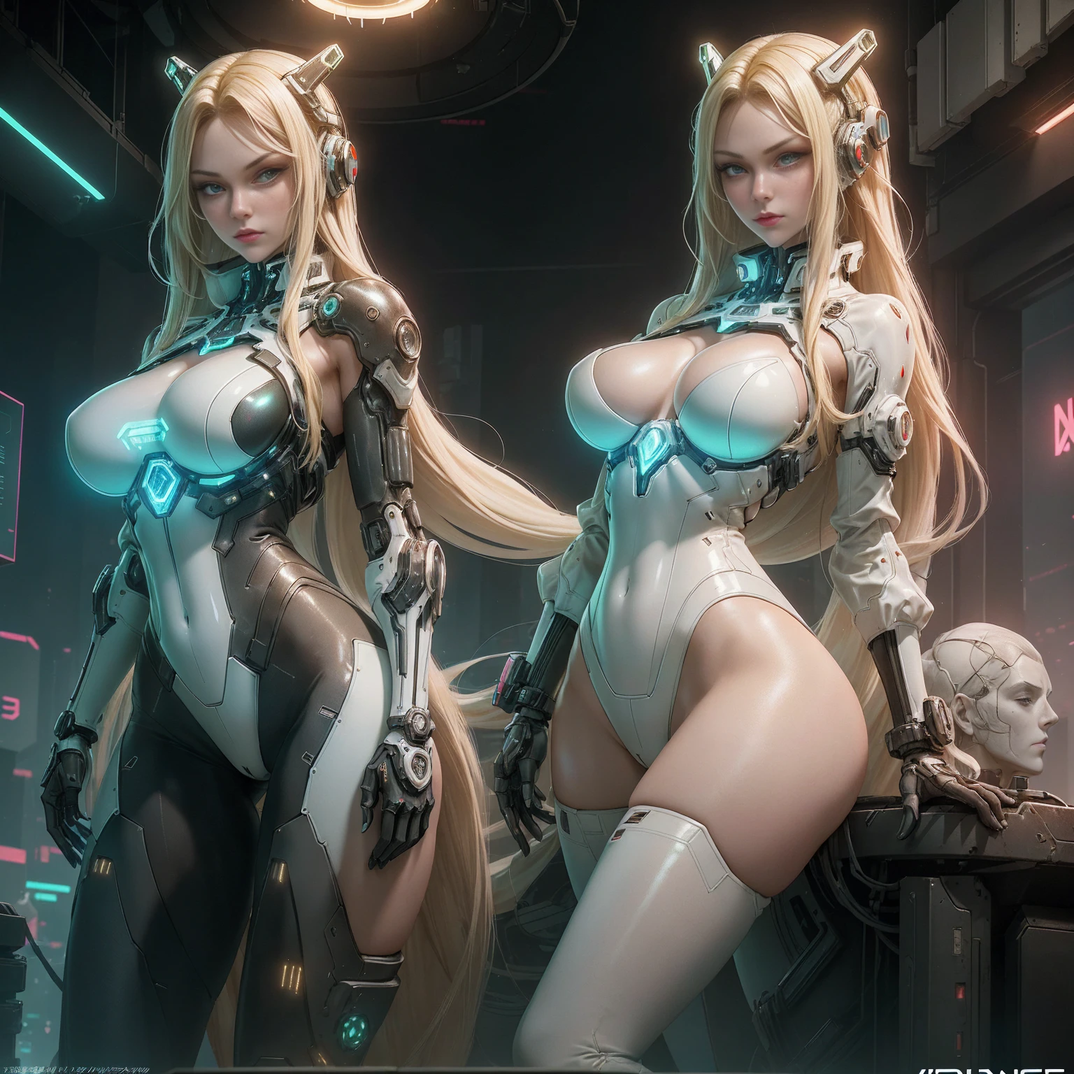 ((of the highest quality)), ((​master piece)), (detail:1.4), (((Translucent with numbered mechanical parts and ceramics++PP material++、++Carbon material++Beautiful women in cyberpunk made of))), Glowing pale with LEDs, ((Wide open chest)), Skin of the hips and thighs, Ticker (High dynamic range), Ray tracing, NVIDIA RTX, Super Resolution, Subsurface Scattering PBR Texturing, Post-processing, Anisotropy Filtering, depth of fields, Surface Shading, Accurate simulation of light/Material Interaction, perfectly proportions, Two-tone lighting, Wide aperture, Low ISO, White Balance, 8K, (((Cameltoe))), NSFW, (((Tall Woman))), 25 year old woman, Brilliant LED, knee high, Bulge, Puffy nipple, ((Cyber headgear with dull glowing LEDs)), open stance, Cowboy Shot, Skin of the hips and thighs, Beautiful body, Navel visible on bare skin, Chest to feel gravity, (Huge breasts: 1.3), (gargantuan butt: 1.0), Cyberpunk dazzling cityscape, Kowloon City, Many neon signs, Brilliant lights, Bright and vivid color scheme, Bright and vivid color scheme, dynamicposes, Looking down, (((Beautiful blonde long hair))), (((Aurora Inner Hair))), Costume typography and numbering