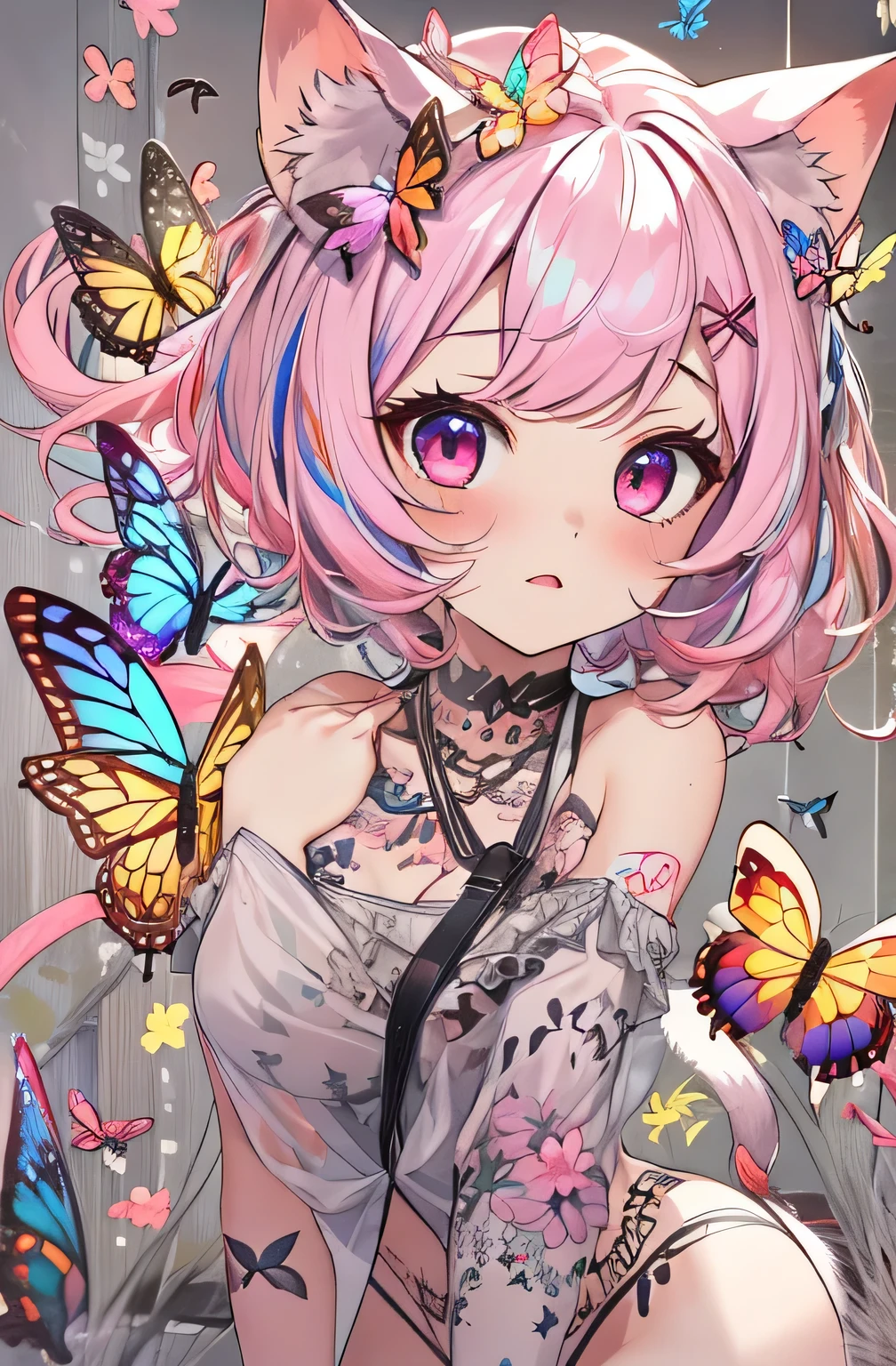 Completely naked super highest quality, High resolution, 1 girl, Decorate your hair with butterflies, pink eyes, Rainbow colored hair, Pretty short hair, parted bangs,, outside the house, erotica, pretty big breasts,Full body tattoos Cat ear Plump Completely naked