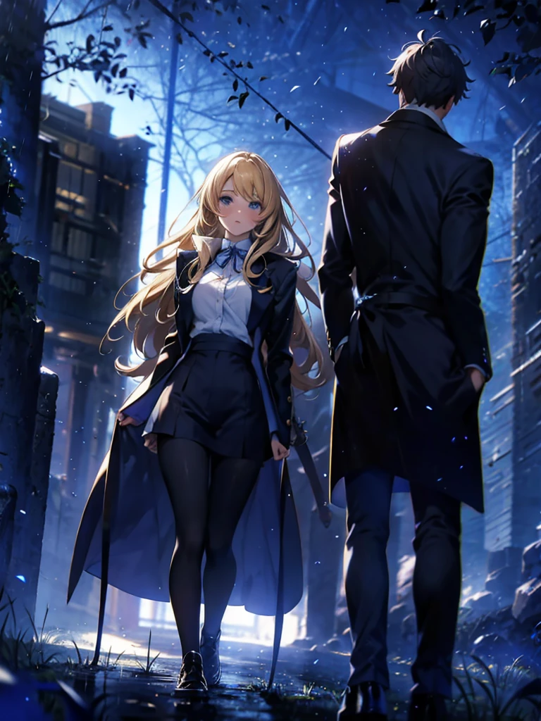 blonde woman,long coat,Rear view,silhouette,blue forest,blue Moon,blue night,