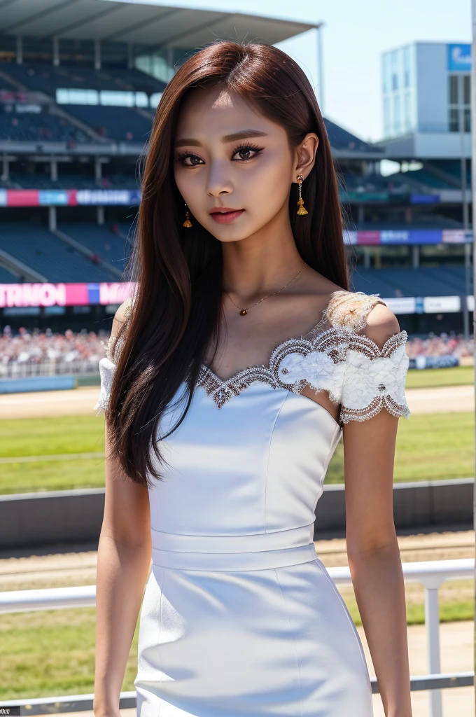 Tzuyu 1, woman, (realistic), (hyper realism), (photorealistic), Depth of the bounds written, eye make up:0.9, (whole body:1.2), (tight waist), looking at the viewer,at the racing track, lace queen, Sexy dress with open shoulders and chest