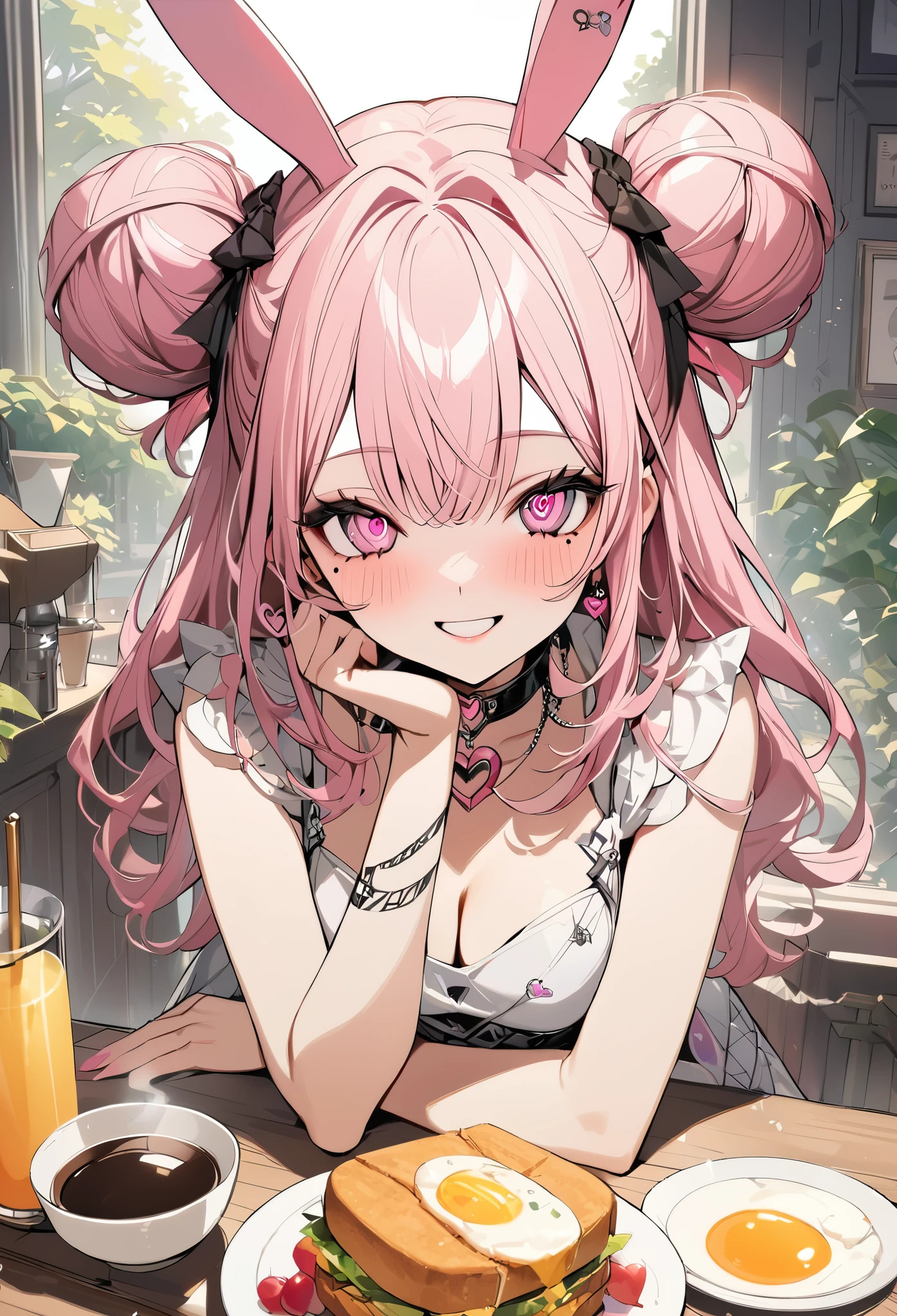1 girl, pink long bun hair, heart shaped eyes,rabbit ears, {Girl with pink bob hair bun、 The name Nami}, (Pink eye color), {downtown}, (smile), bright background , mole under eye, heart shaped choker, (masterpiece, highest quality), very detailed, highest quality, official art, beautiful and aesthetic: 1.2), (1 girl), very detailed, (geometry art: 1.3), colorful, most detailed ?d1 girl, pink long bun hair, Eye of the symbol, +__+, gothic costume, {A girl with long pink bun hair The name Nami}, (Pink eye color), {breakfast、fried egg、sandwich、coffee}, (smile), bright background, (garden,beautiful flower々),mole under eye, heart shaped choker, (masterpiece, highest quality), official art, beautiful and aesthetic: 1.2), (1 girl), very detailed, (geometry art: 1.3), colorful