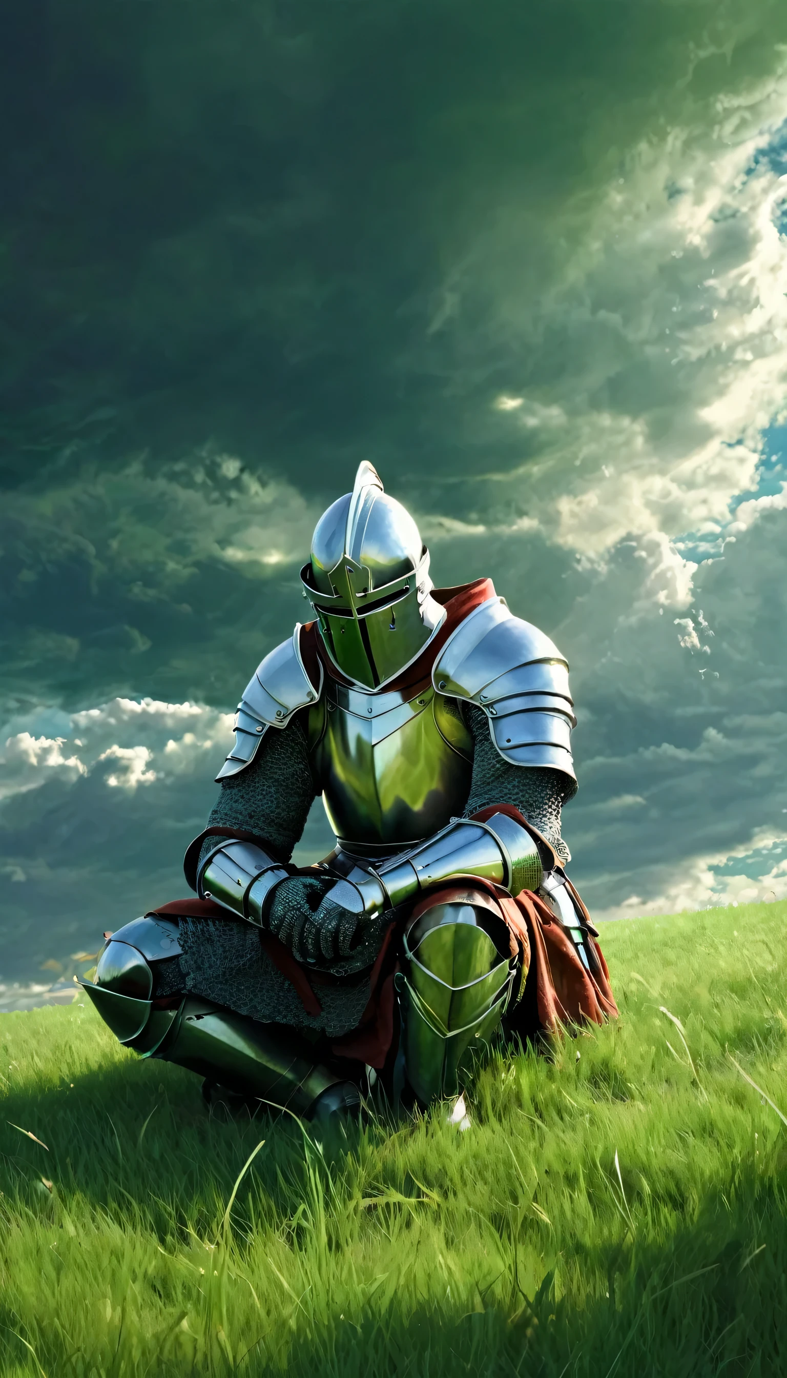:: ((masterpiece)) :: (((best quality))), (character design) :: cinematic picture :: Man :: Knight :: Background open green field with voluminous clouds :: sitting on his knees, after the battle he serenely looked to the sky :: (outline style:1.1), (Reflected light:1.2), (cell-shading:1.2), use of large lines, intricate, (disturbing:1.1) :: (perfect preservation and transfer of the composition of the painting), (hyper high resolution pixel photos) :: ((Perfect anatomy)) ::