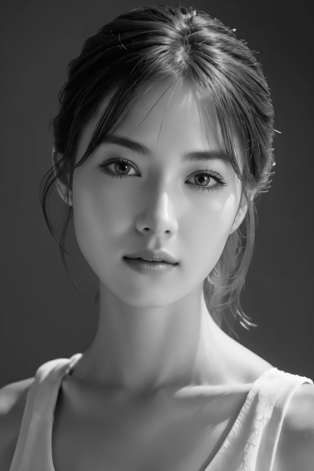 table top, highest quality, Photoreal, Super detailed, finely, High resolution, 8k wallpaper, RAW photo, Professional, Advanced level of detail, (((monochrome photography))), 1 girl, (facing the front), Upper body, perfect face, (Only lips red)