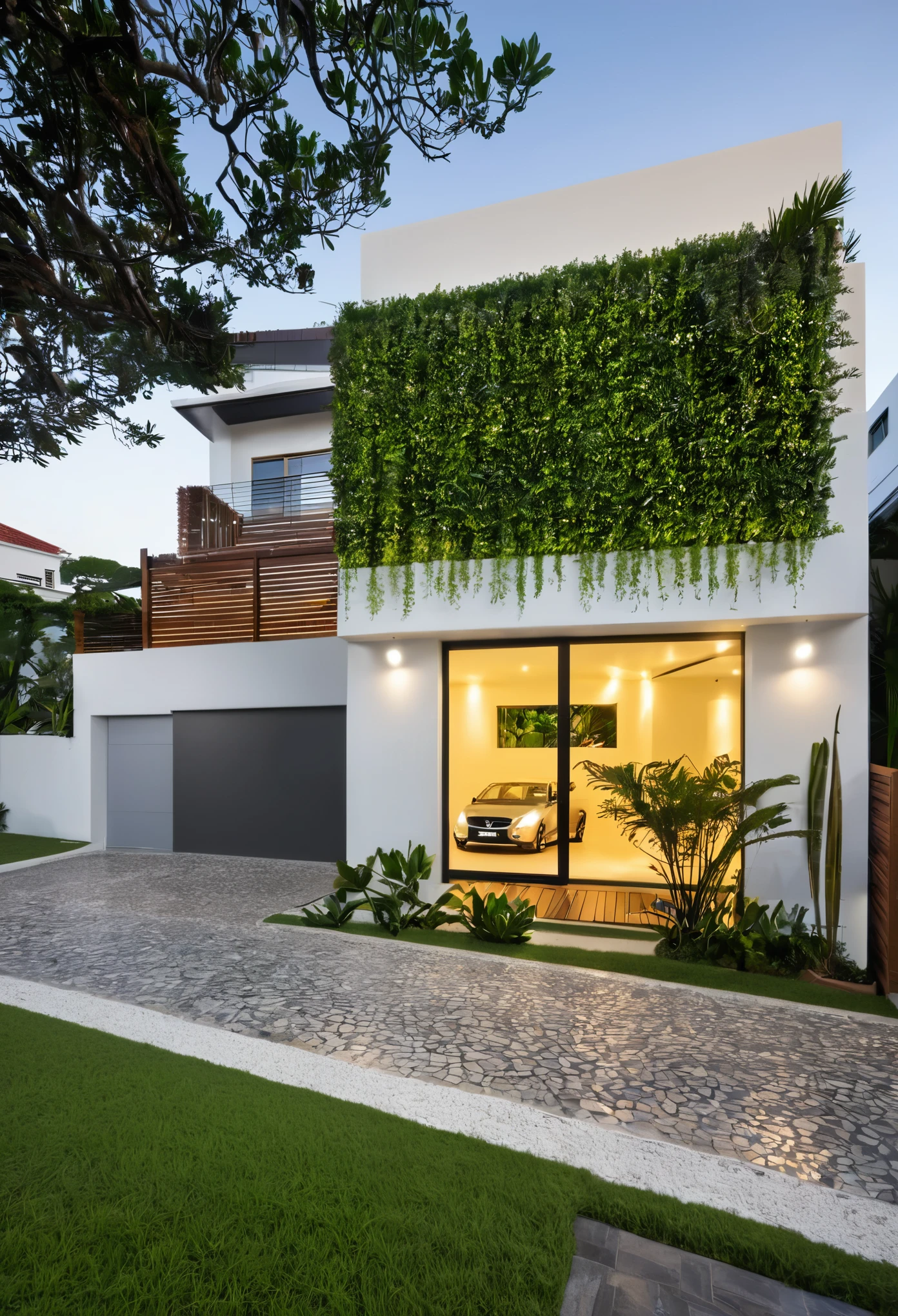 iponete residential facade, caractericistcas arquitetonica classica, imagem noturna, casa com primeiro pavimento, garagem aberta, carro volvo, jardim tropical ao redor, uso de madeira clara, pedras naturais, cores claras, clear lighting,