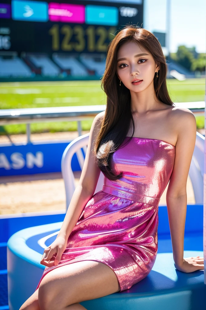 Tzuyu 1, woman, (realistic), (hyper realism), (photorealistic), Depth of the bounds written, eye make up:0.9, (whole body:1.2), (tight waist), looking at the viewer,at the racing track, lace queen, Sexy dress with open shoulders and chest