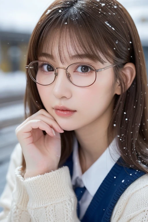 one girl, (a beauty girl, delicate girl:1.3), (18-year-old:1.3),
break, (winter , cute uniform:1.3),
break, (station platform:1.3), (that&#39;It&#39;s snowing:1.3), (extend the sleeves of a cardigan), perfectly trimmed fingers,((round glasses))、
break, very fine resolution, (symmetrical eyes:1.3),
break, small breasts, brown eyes, parted bangs, brown hair,  girl,
break, (Eye and face details:1.0), (get closer to the face, enlarge the face, face focus:1.0),Upper grade、ハイアングル
break, (masterpiece, highest qualthaty, Super detailed, detailed face, 8K)