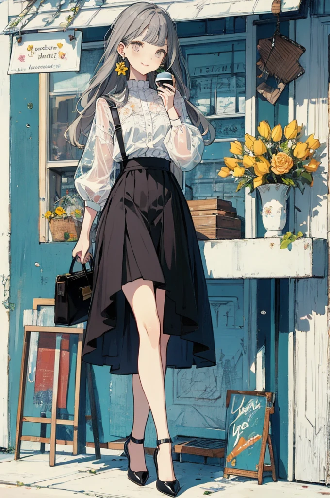 (masterpiece:1.2), highest quality,pixiv,sweet girl , 1 girl, flower, cup, have, bob hair, gray hair, bag, high heels, food, jewelry, earrings, looking at the viewer, smile, holding, long hair, inner color、alone, fruits, knee-length dress， handbag, gray eyes, Colorful shoes, bird, yellow flower, envelope, english text, full body, white flower, shirt,shorts、See-through、Are standing, valentine color、colorful background、cloth shop、