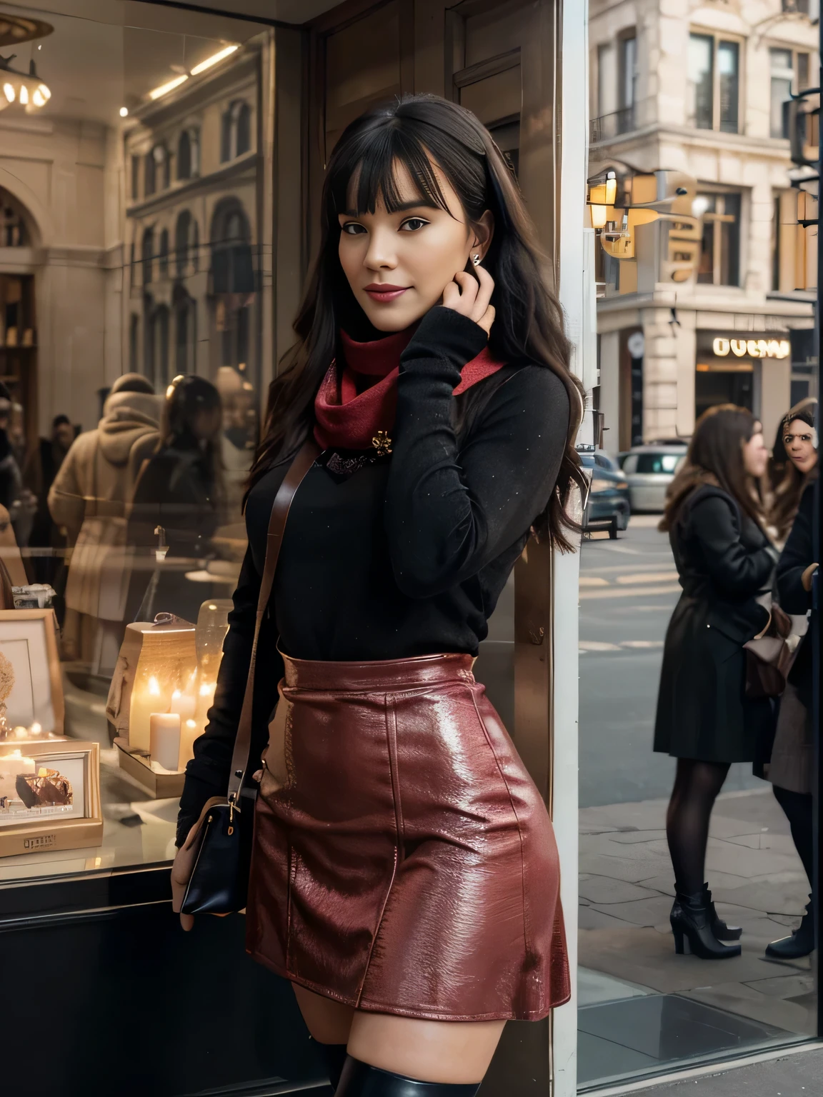 solo lovely smiling Bettie Page,, in front of boutique, (highest quality texture), boutique store front, display windows full of interesting items, film quality, woman dressed in high style fashion, she wears red velvet scarf, (highest level red velvet texture detail, luxurious), maxy long red velvet skirt, black tigh stiletto boots,black tight leather gloves,shoulder bag,she's in front of beautiful boutique ,soft accent candlelight in windows, gorgeous rembranndt like lighting, (Rembrandt patch), (highest quality window details), hip cool boutique in background, silky long dark hair, hair bangs to her eyes, every detail,Fine facial features, Masterpiece – Masterpiece ○○ quality – ○○ quality best quality(Highest Quality) ,Leica film, best, solo female, High quality (hiquality) etc ○○ detailed – ○○ details ultra detailed(Ultra-fine ), Photorealistic, Extremely detailed(Extremely detailed) , Finely detailed(Fine-grained), (highest detail skin texture peachfuzz earlobe realistic) etc ○○ res – ○○ resolution ultra high res(A high resolution) , very high texture res(light resolution), Realistic – Realistic Photorealistic – photorealistic beautiful – beautiful 4k , 8K, artsy shop front, close and intimate,