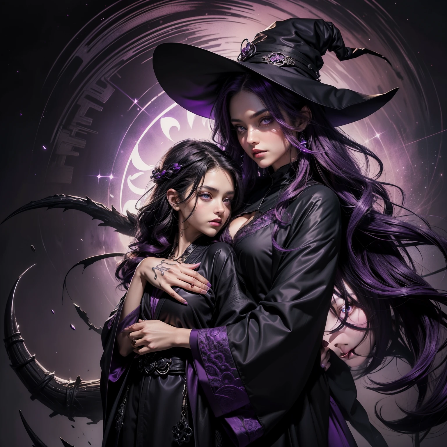 (Anime/Cartoon Style Witch Character with Poison Powers – Fair Skin, Long Dark Brown Hair, Purple Eyes

[Background: Enchanted Forest]

(Character Name: Toxica)

[appearance]
(Height: 1.6)
(Body Structure: Curvy)
(Skin Tone: Fair)
(Hair: Long, Dark Brown, wavy with subtle purple highlights)
(Eyes: Purple, glowing, with a slight sheen)

[Clothing]
(Outfit: Clingy black robe with purple accents and intricate poison-themed designs)
(Accessories