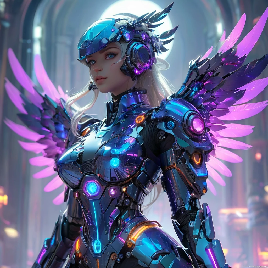 (best quality, 8K, Une haute résolution, chef-d&#39;artwork:1.2), （Ultra-detailed), (tortue anthropomorphe)，(Futuristic Mechanical Bald Eagle Cybertron), （Ange de bataille ta），corps entieresbienne, lueur de rêve，Luminous neon lights，High-tech mechanical parts,Metal claws and wings,Metal heads and pins,Metal feathers,Extremely cool,Pieds en métal,Oeil bionique,Detailed feather design,bec pointu,plane dans les airs,Electric blue and bright purple,Des yeux brillants et vifs,Reflective metal surface,Interlocking mechanical gears,Dynamic and elegant design,effet de flou de mouvement,un savoir-faire minutieux,ambiance science-fiction,Clean aerodynamic shape,Laser scanning model,projections holographiques,Lignes de circuits électroluminescents,d&#39;a captivating beauty,A precision of&#39;un autre monde,Advanced sensors,Des algorithmes complexes,Menacing and mysterious atmosphere,Electrical sparks,Chromage brillant,Futuristic propulsion system，solo，Coup moyen，art conceptuel, Fantasy theme,Volumetric lighting, Illumination globale, reflection, hyper HD，The light is bright，Couleurs RVB，vibrant de couleurs, Mechamusume，McCorg Equipment